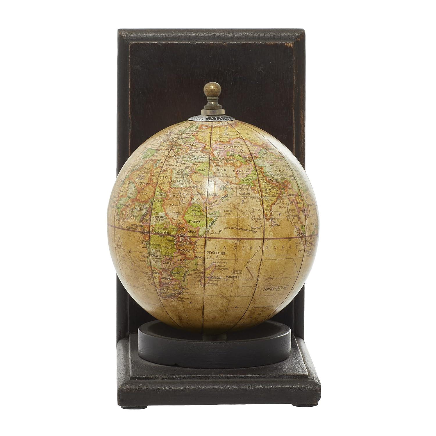 DecMode 6" Globe World Map Brown Wood Bookends (Set of 2)