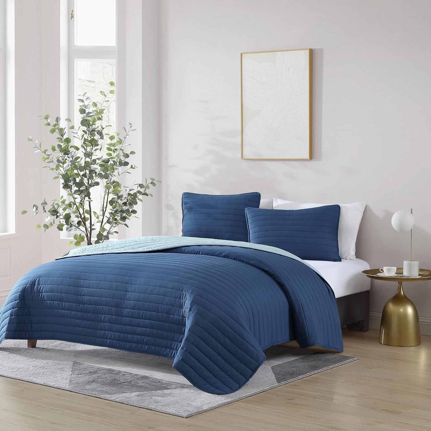 Blue Full Microfiber Reversible Quilt Set with Pillow Shams