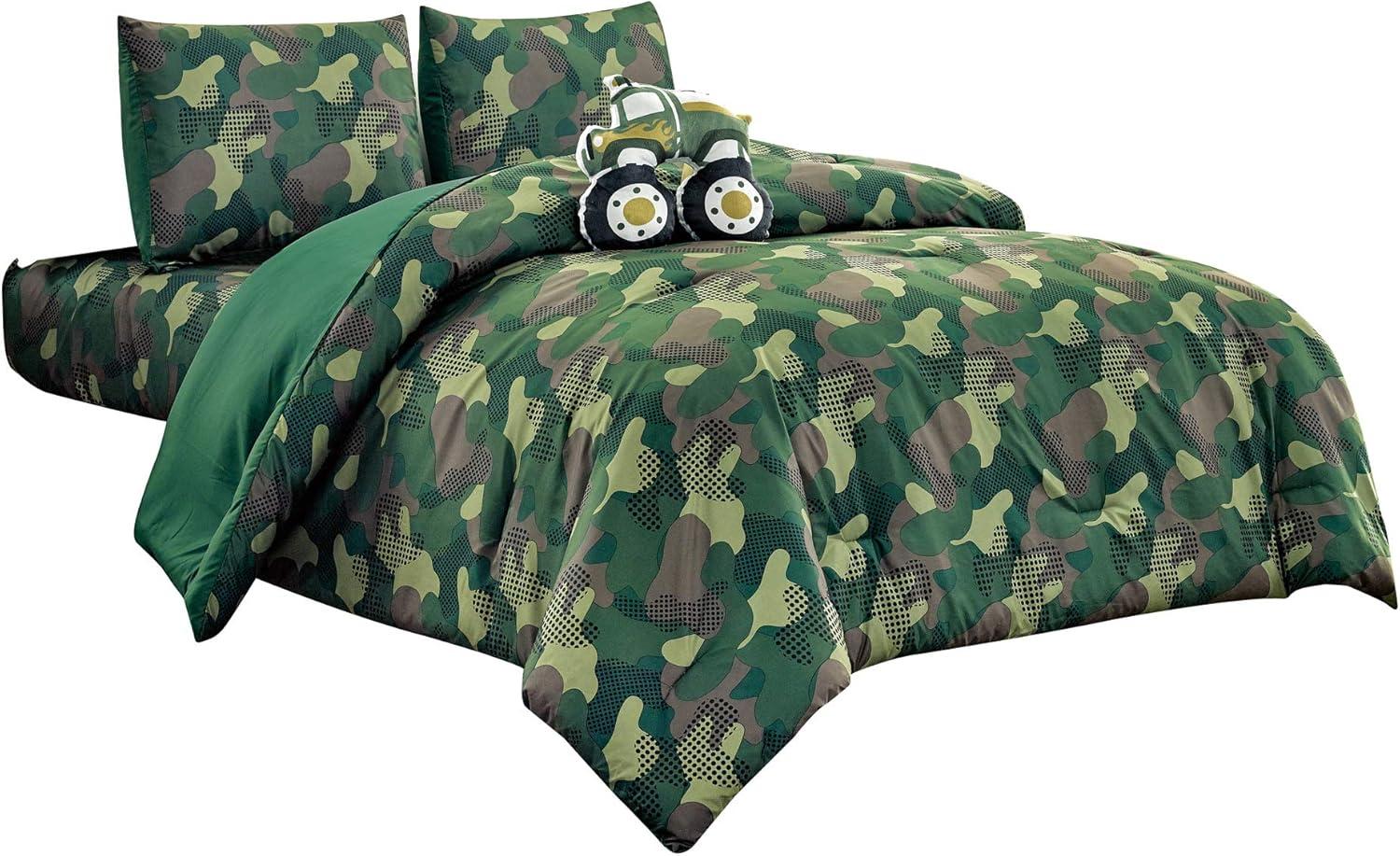 WPM Twin Camouflage Print Comforter Army Green Theme Bedding Set with Sheet, Pillow sham and Plush Pillow (Camouflage Military, Twin Comforter)