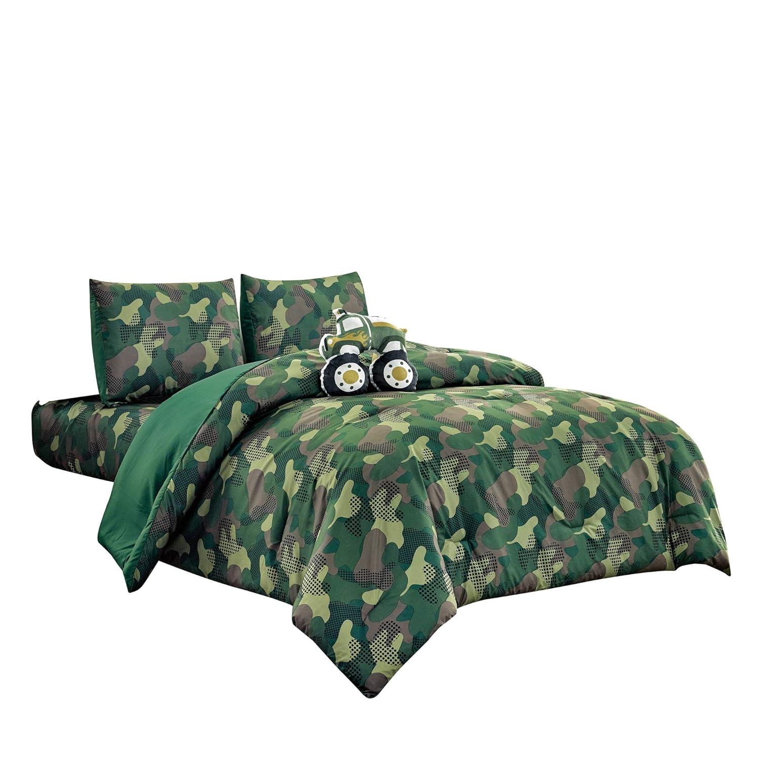 WPM Twin Camouflage Print Comforter Army Green Theme Bedding Set with Sheet, Pillow sham and Plush Pillow (Camouflage Military, Twin Comforter)