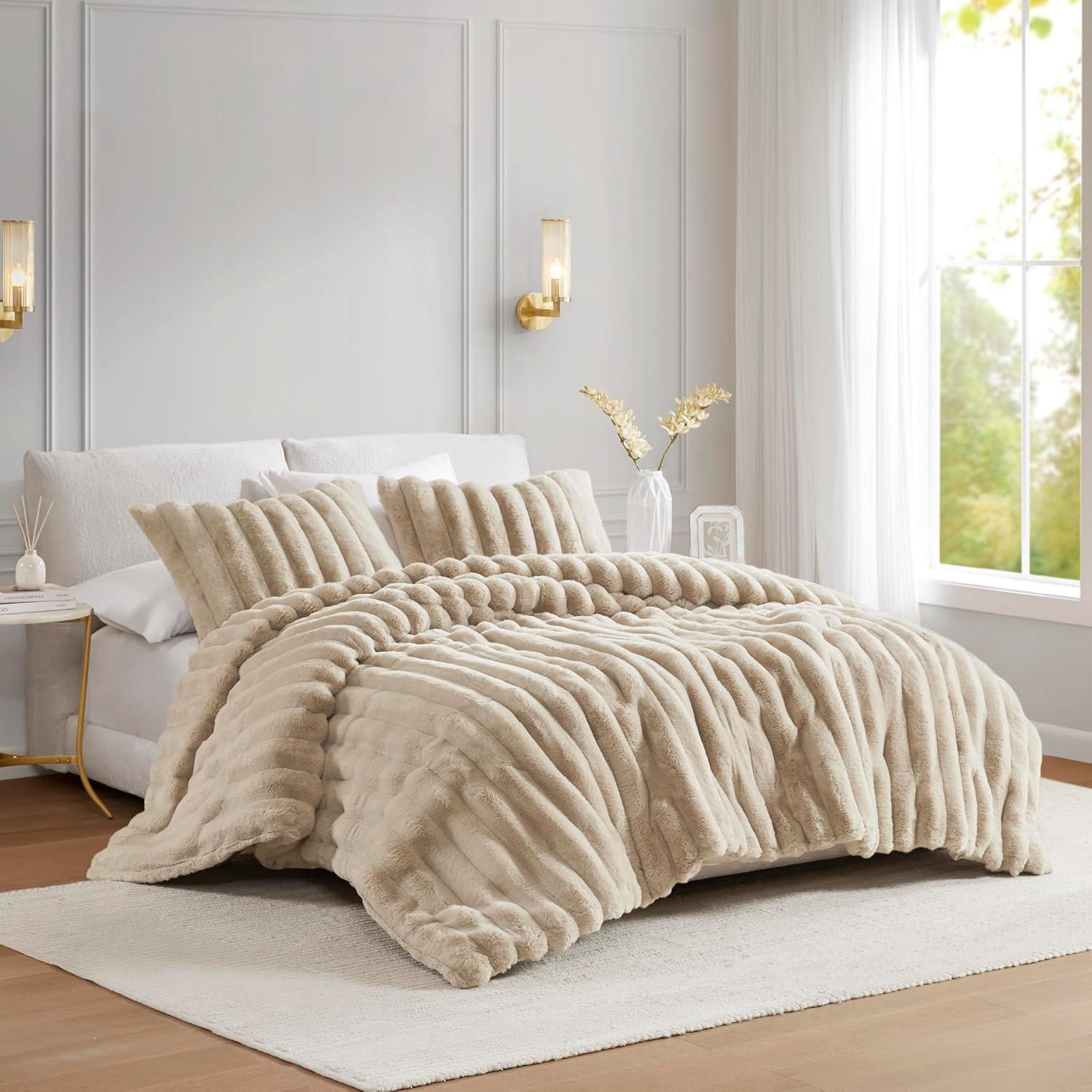 Taupe Full Faux Fur Reversible Comforter Set