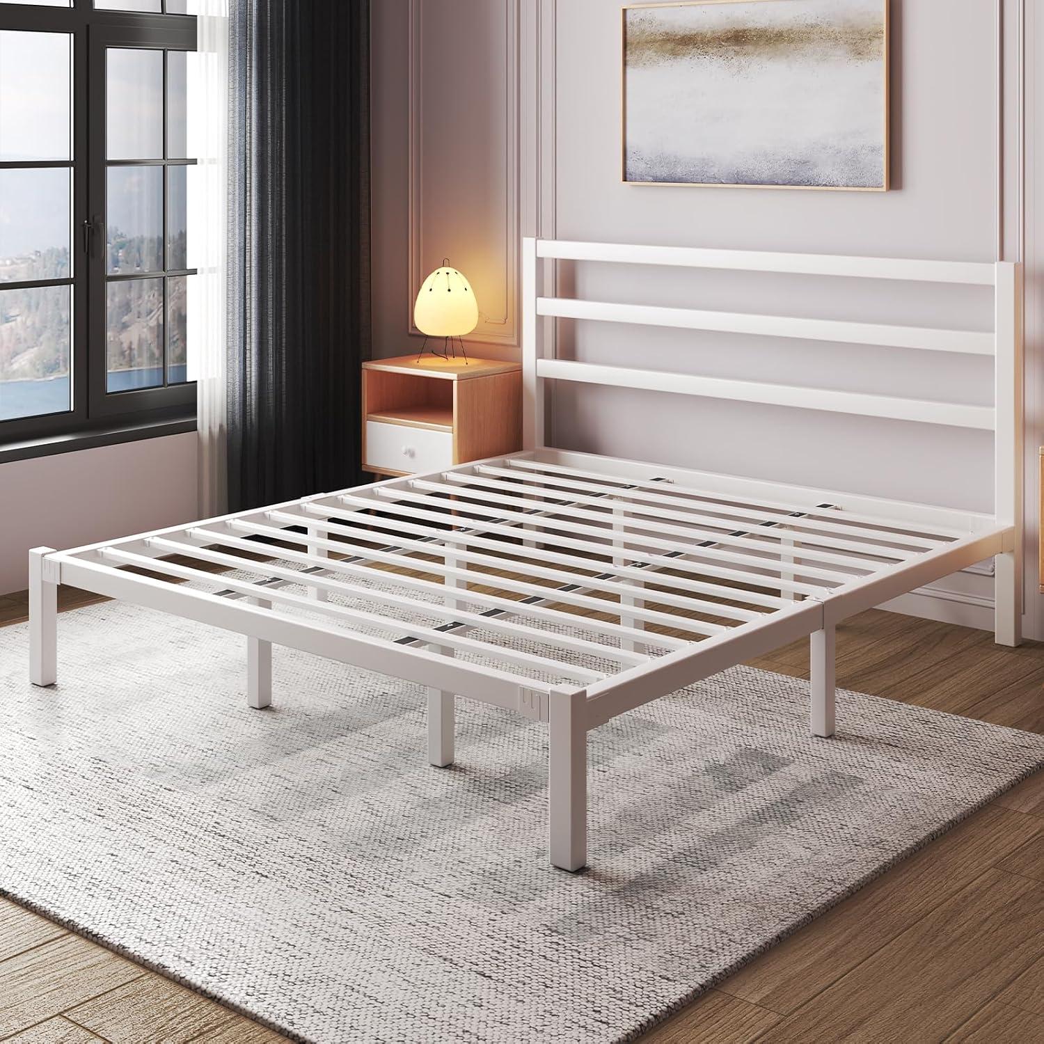 King Size Bed Frame, Heavy Duty Platform Bed Frame with Strong Metal Foundation,Under Bed Storage,Mattress Foundation,No Box Spring Required,Easy Assembly, White