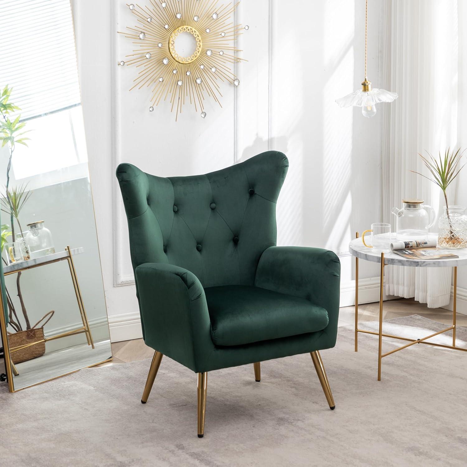 Roundhill Furniture Sovarol Velvet Button-Tufted Wing Back Accent Chair, Green