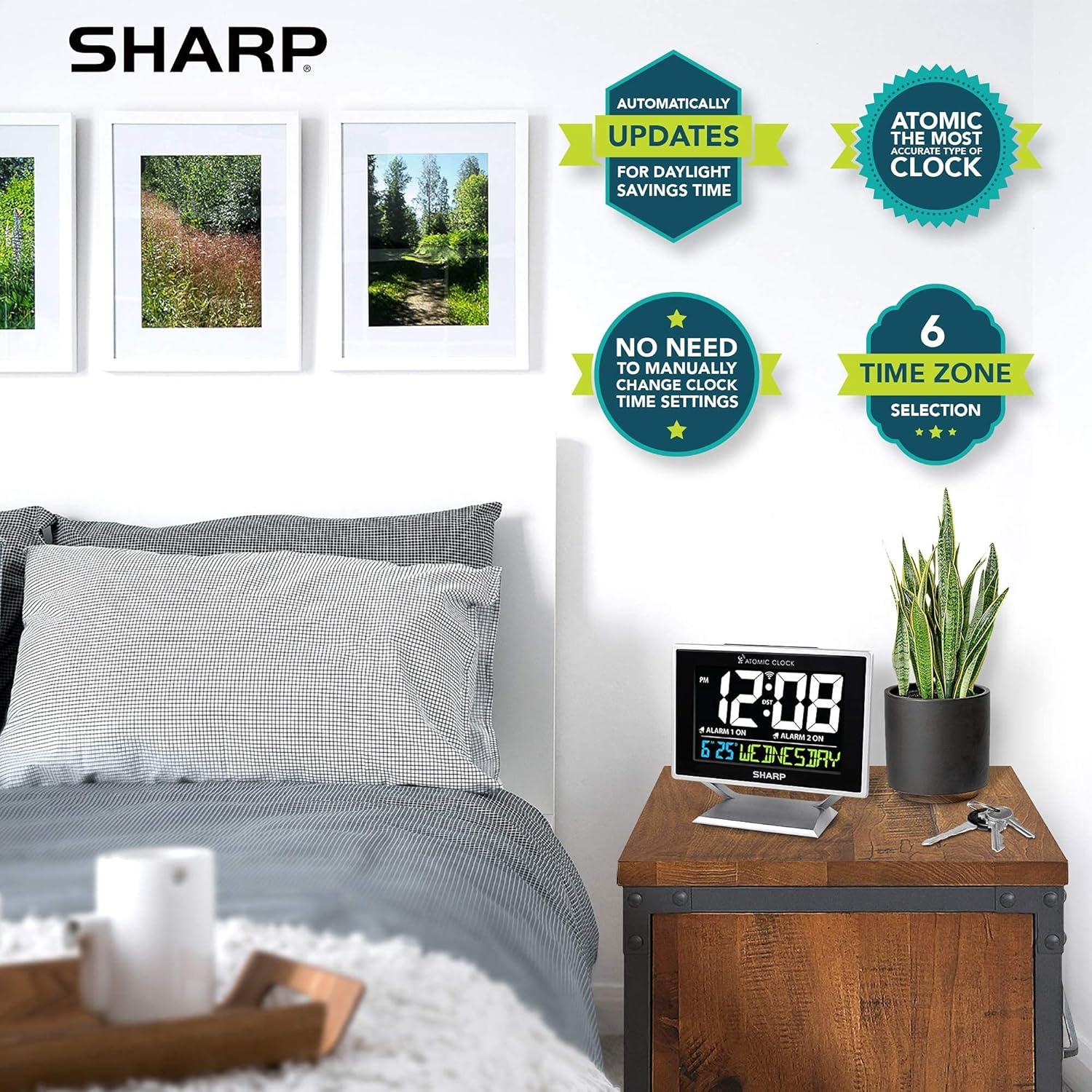 Sharp Digital Atomic Alarm Clock Color Display Atomic Accuracy Day of Week Time/Date Silver