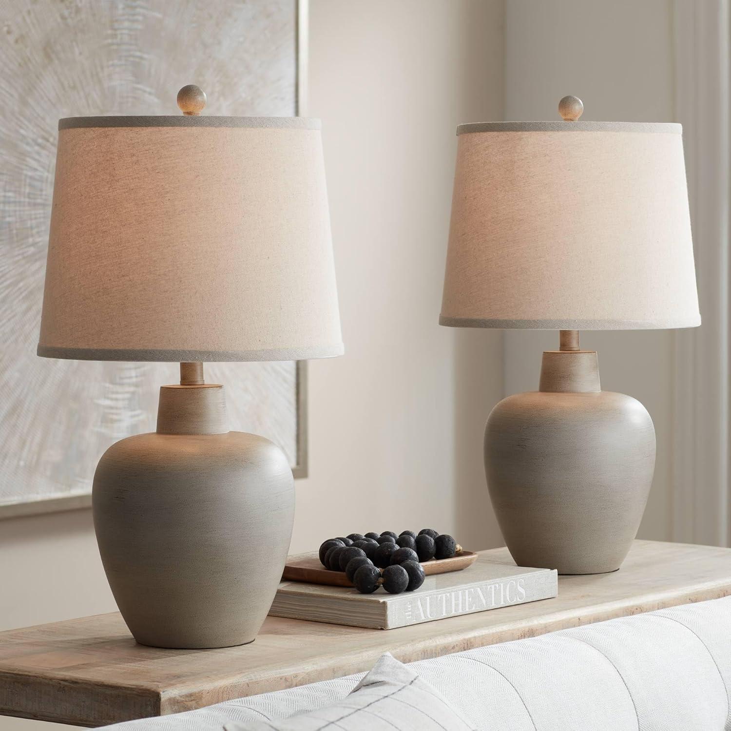 Southwest Beige Resin Urn Table Lamps with Drum Shades, Set of 2