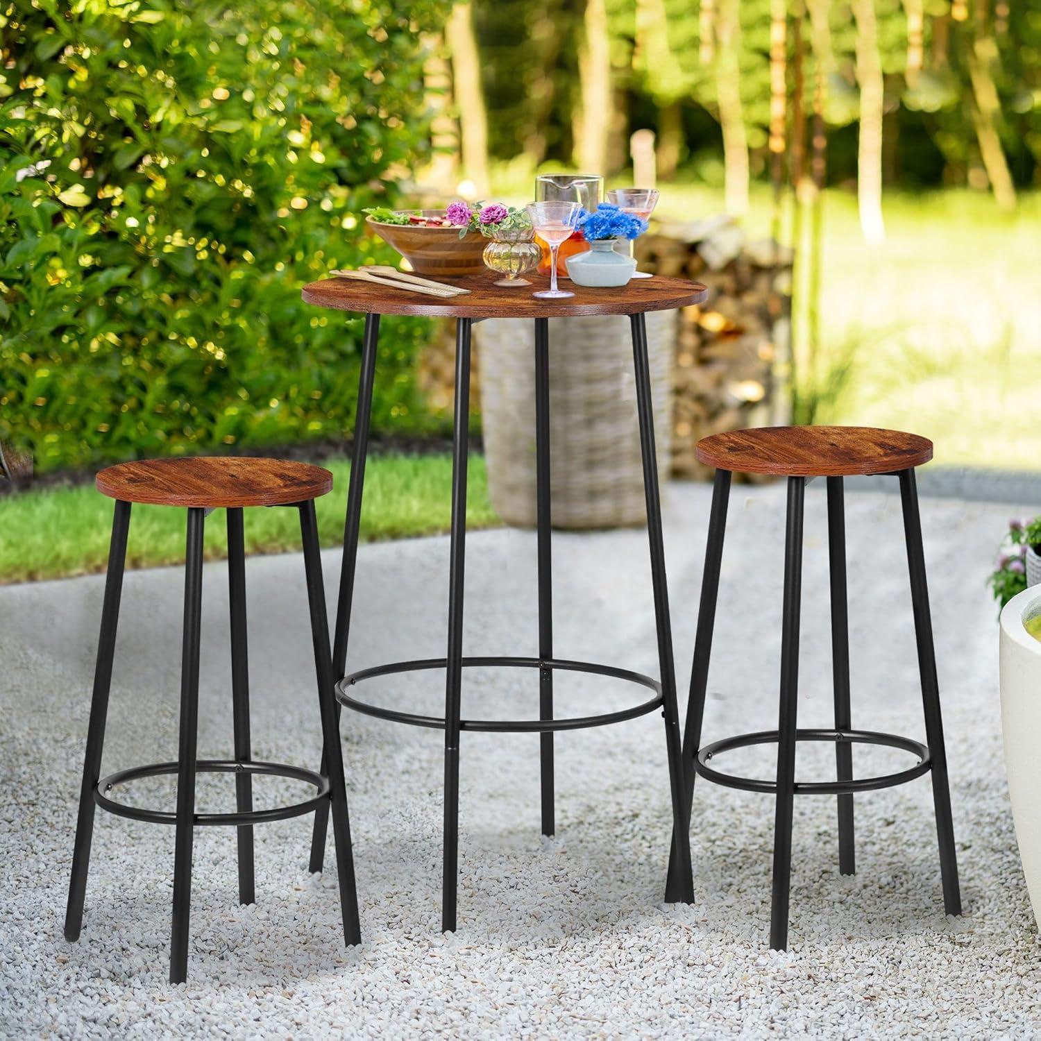 ZENSTYLE 3 Piece Pub Dining Table Set Wooden Round Breakfast Tables w/2 Bar Chairs Stools Brown