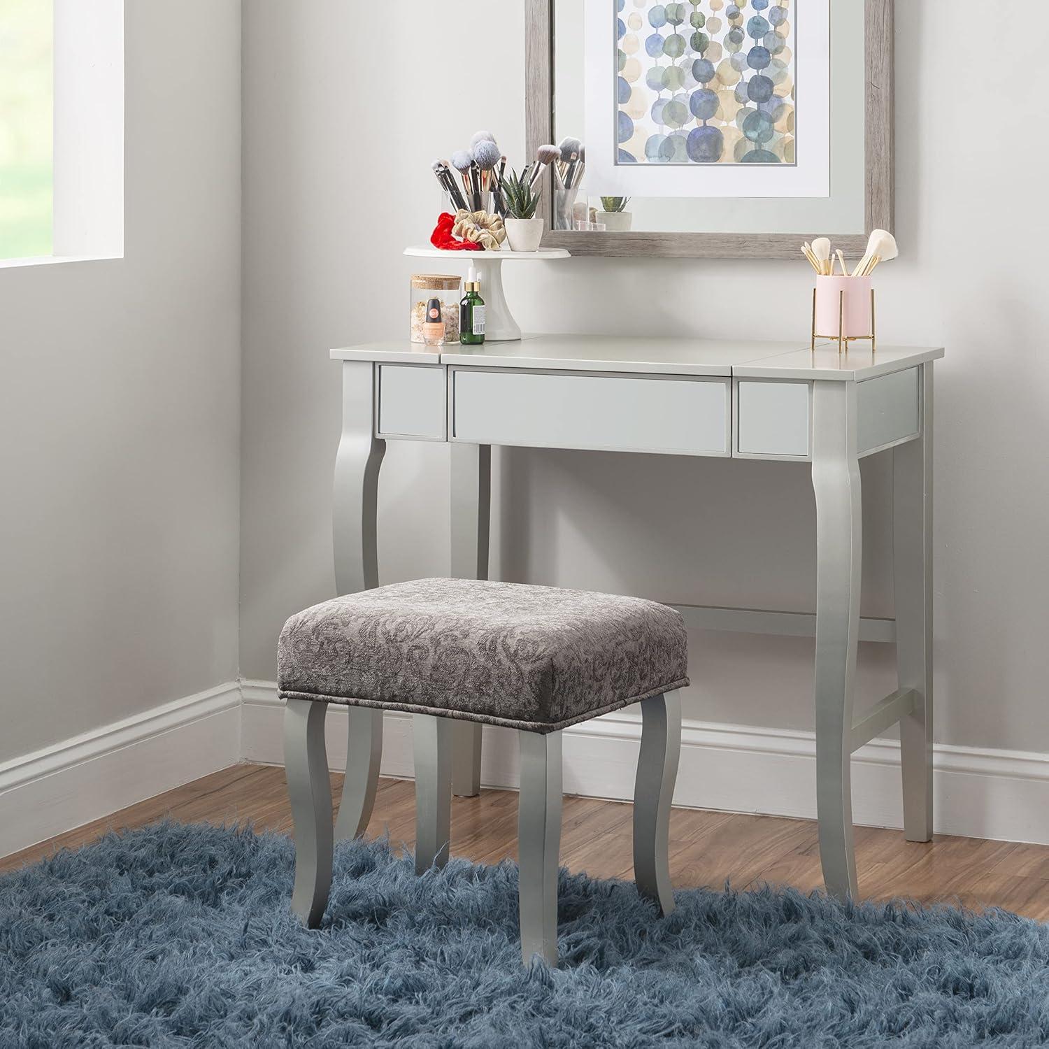 Harper Glam Flip-up Mirror Wood Vanity and Gray Upholstered Stool Mirror and Silver - Linon