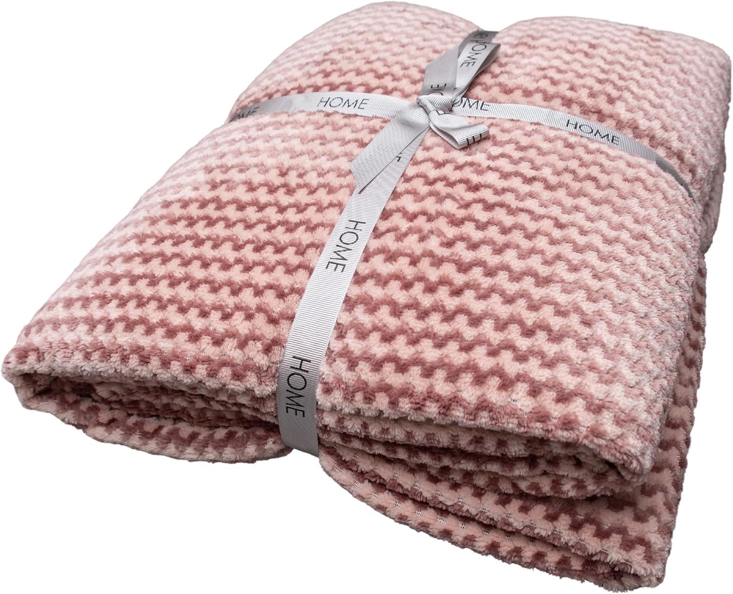 Pink and White Knitted Fleece Throw Blanket, 60" x 80"