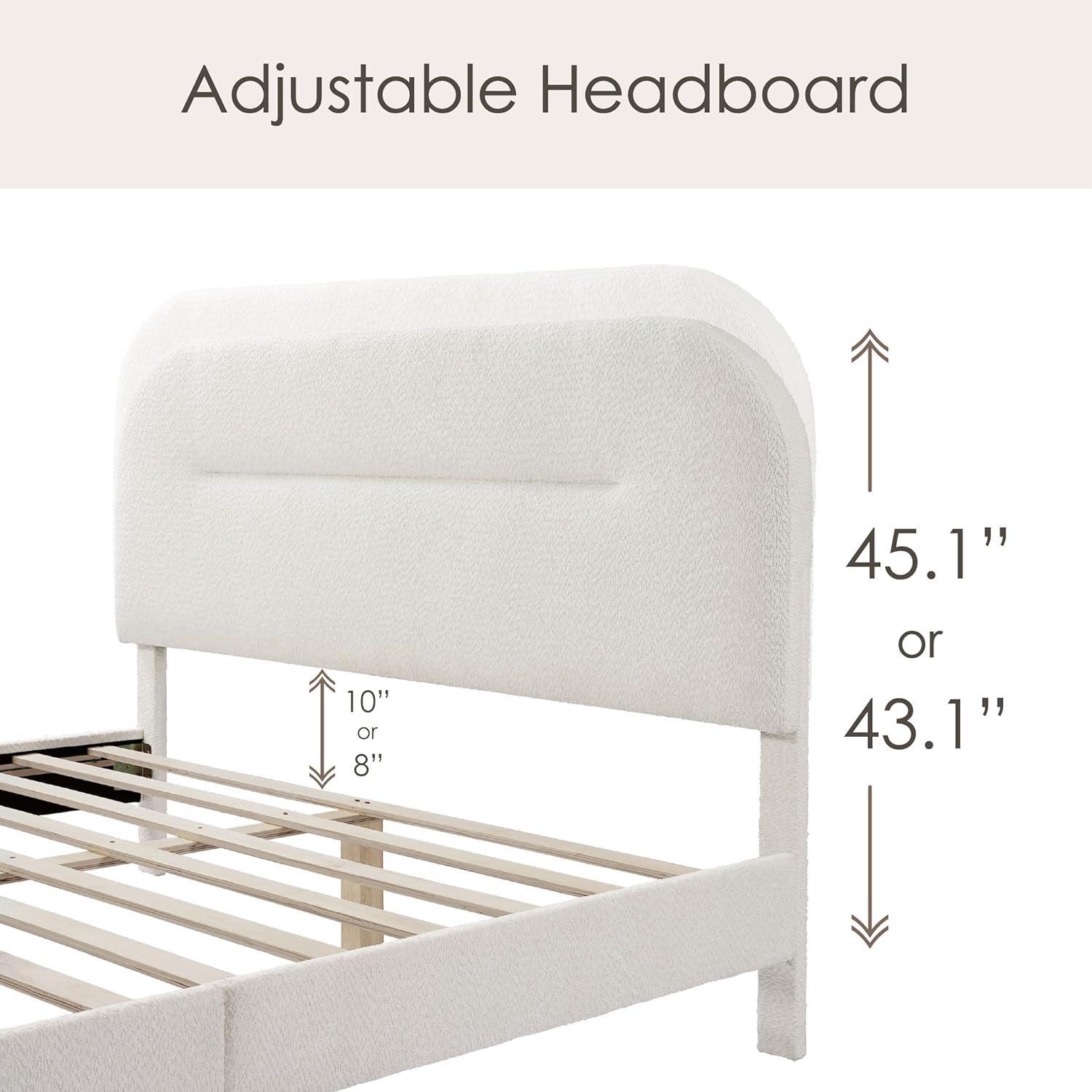24/7 Shop At Home Queen Heartwild Modern Boucle Upholstered Rounded Platform Bed White: Padded Headboard, No Box Spring Required