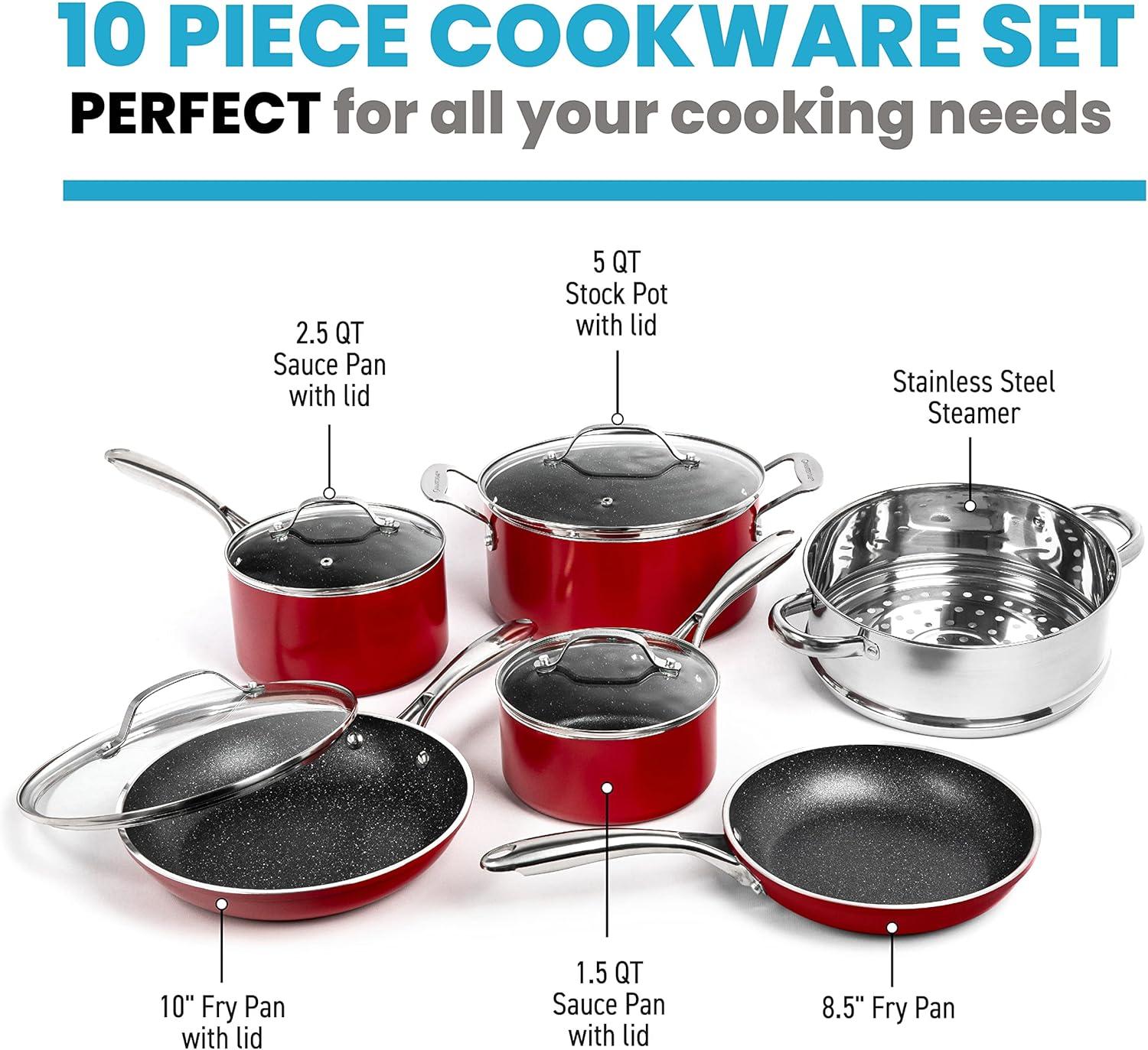 10-Piece Red Nonstick Aluminum Cookware Set with Glass Lids