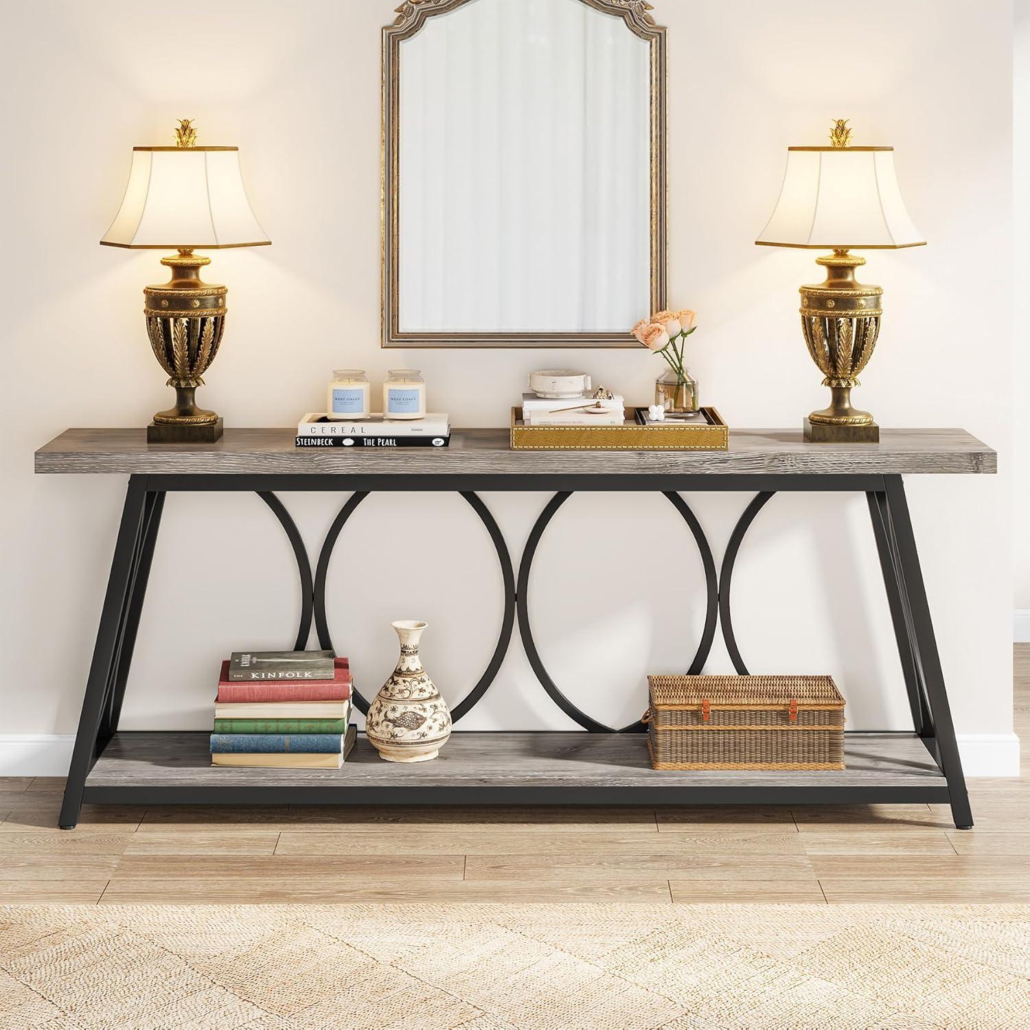 Tribesigns 70.9 inch Extra Long Console Table, Industrial Sofa Table Behind Couch with 2 Tier Storage Shelf, Narrow Entryway Hallway Accent Table for Living Room, Grey
