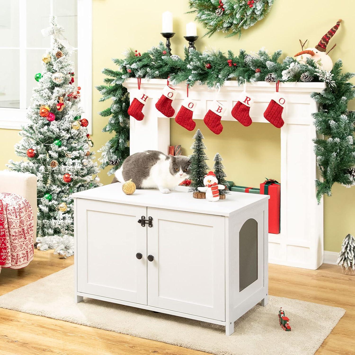 HOOBRO Litter Box Enclosure, Cat Litter Box Furniture with Removable Divider, Large Hidden Litter Box Furniture, Wooden Cat House, End Side Table, 31" L x 17.5" W x 19.7" H, White WT03MW01G2