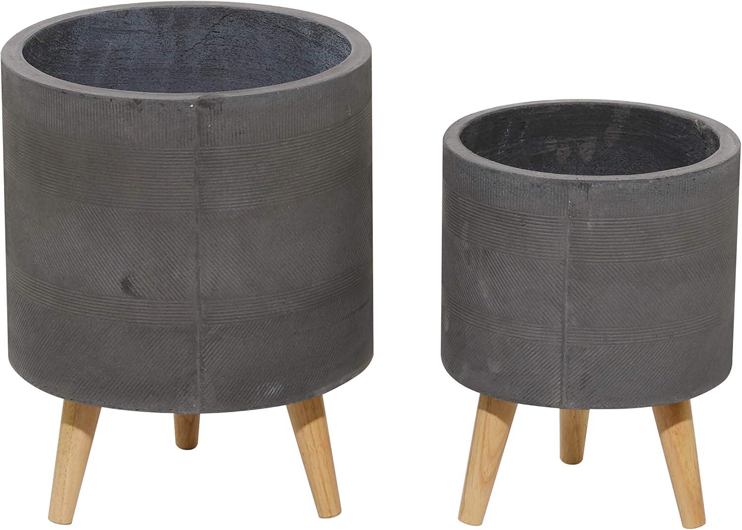 DecMode 13", 16"H Indoor Outdoor Gray Ceramic Planter with Wood Legs (2 Count)