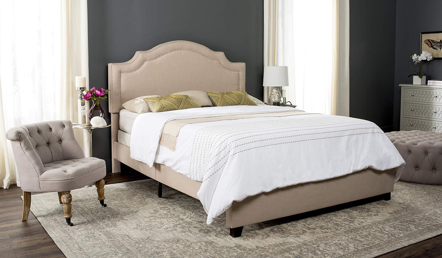 Light Beige Queen Upholstered Bed Frame with Nailhead Trim