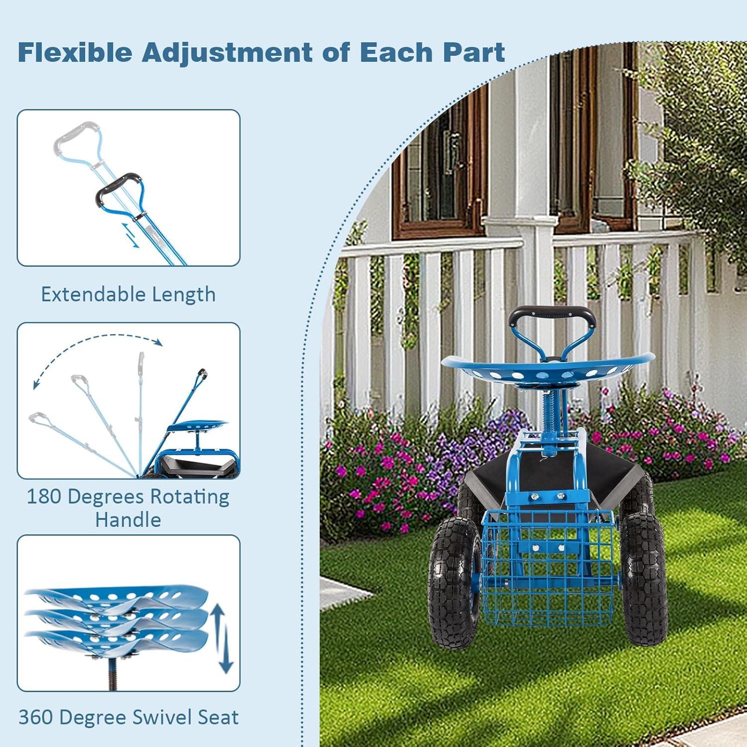 Rolling Garden Cart Scooter Stool - Garden Seat with Wheels Garden Cart with Seat, Adjustable Handle 360 Degree Swivel (Blue)