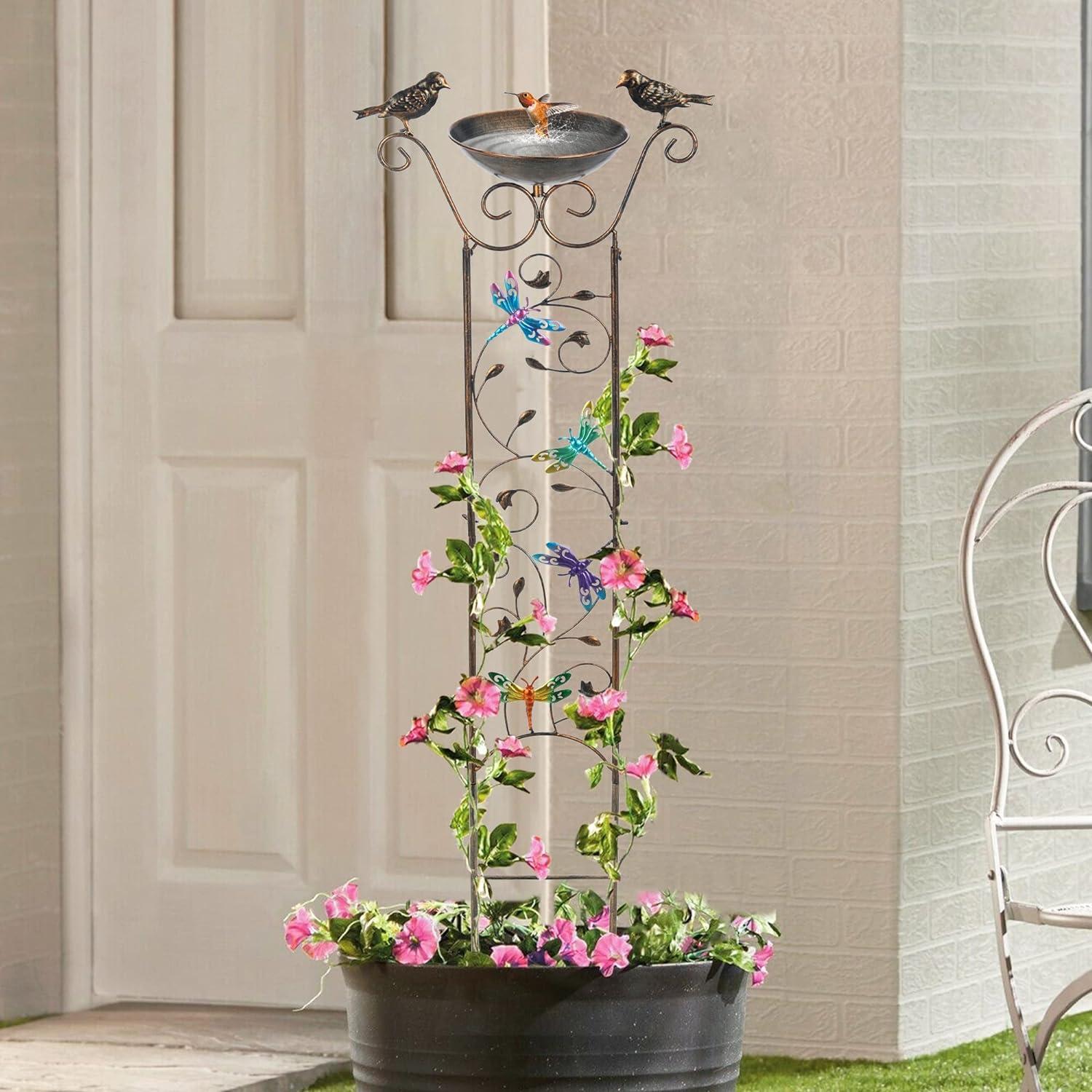 Elegant 40" Bronze Metal Garden Trellis with Bird Bath