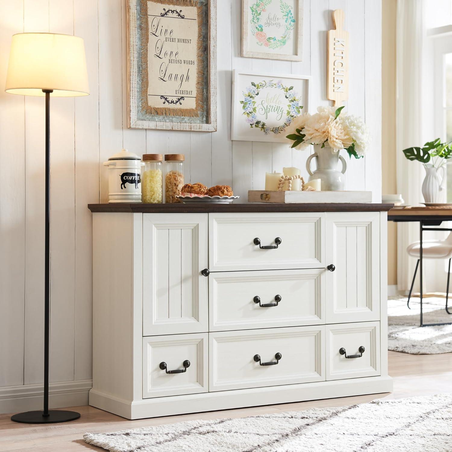 White Rustic Wood Buffet Cabinet with Barn Door and Drawers