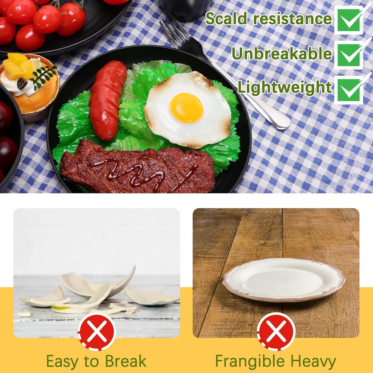 32 Pcs Wheat Straw Dinnerware Sets,Plastic Plates and Bowls Sets for 8,Unbreakable Dinnerware Set,Reusable Lightweight Black Dish Set for Kitchen,Camping,Party,RV,Dishwasher Microwave Safe