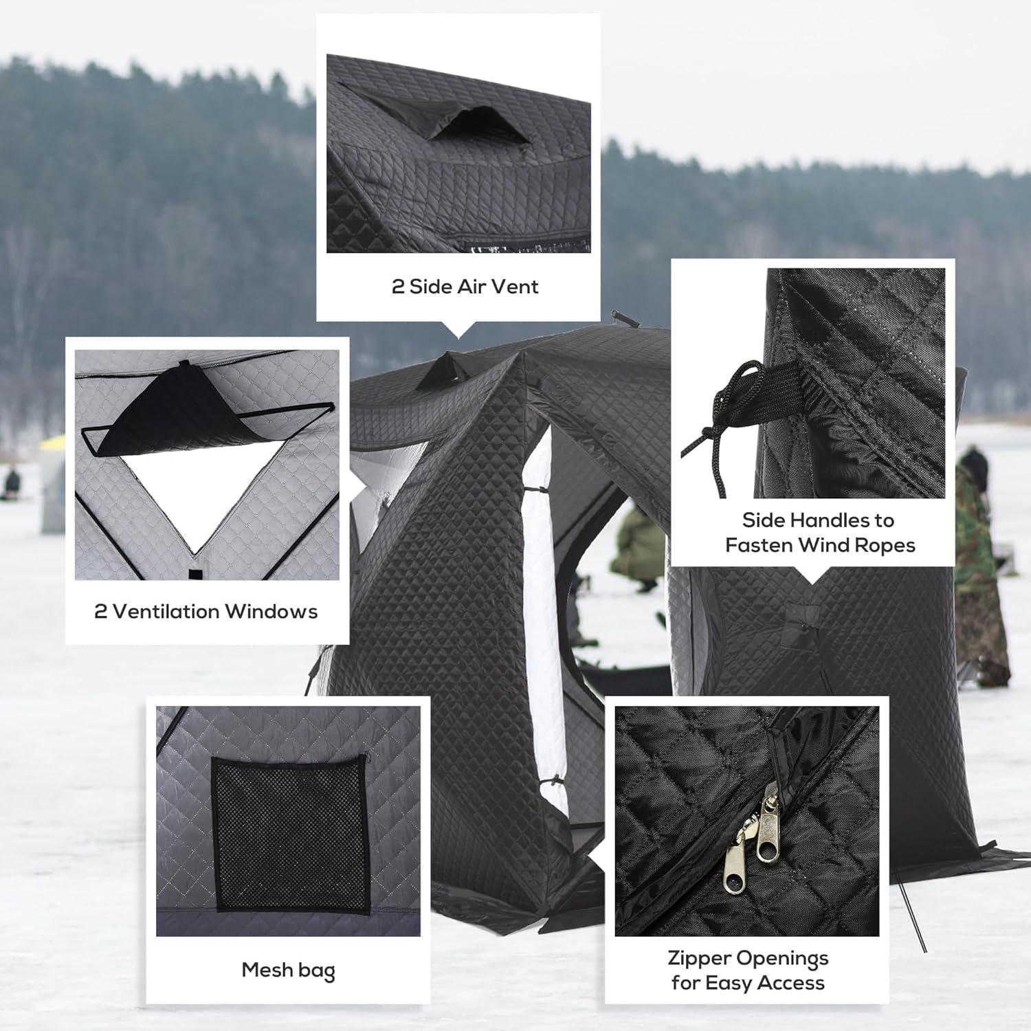 Outsunny 2 Person Ice Fishing Shelter with Padded Walls, Thermal Waterproof Portable Pop Up Ice Tent with 2 Doors, Black