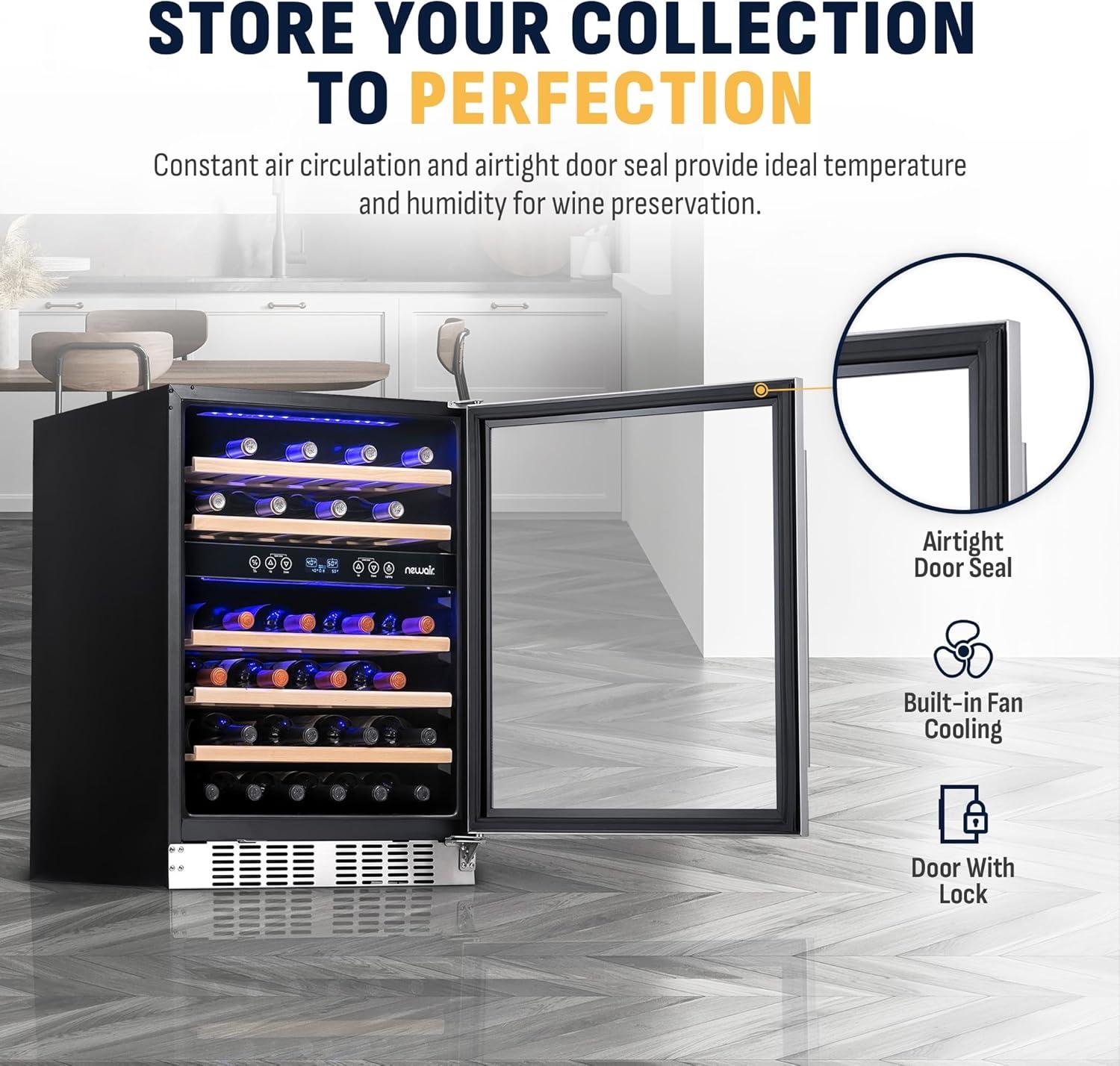 Newair 46 Bottle Dual Zone Built-in Wine Refrigerator with Beechwood Shelves and Recessed Kickplate