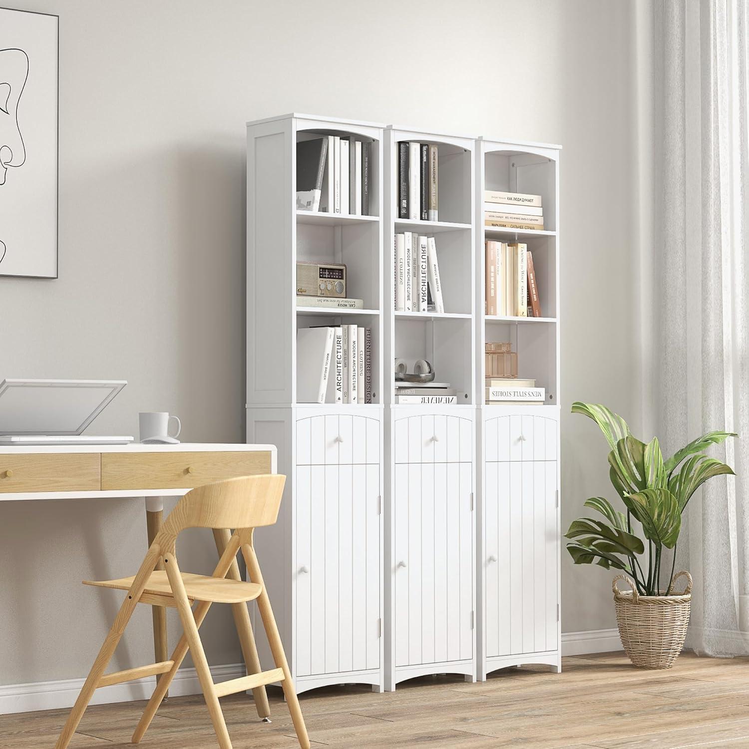 HOMCOM 67" Tall Bathroom Storage Cabinet, Freestanding Linen Tower with 3-Tier Shelf, Drawer and Cupboard, Narrow Side Floor Organizer, White
