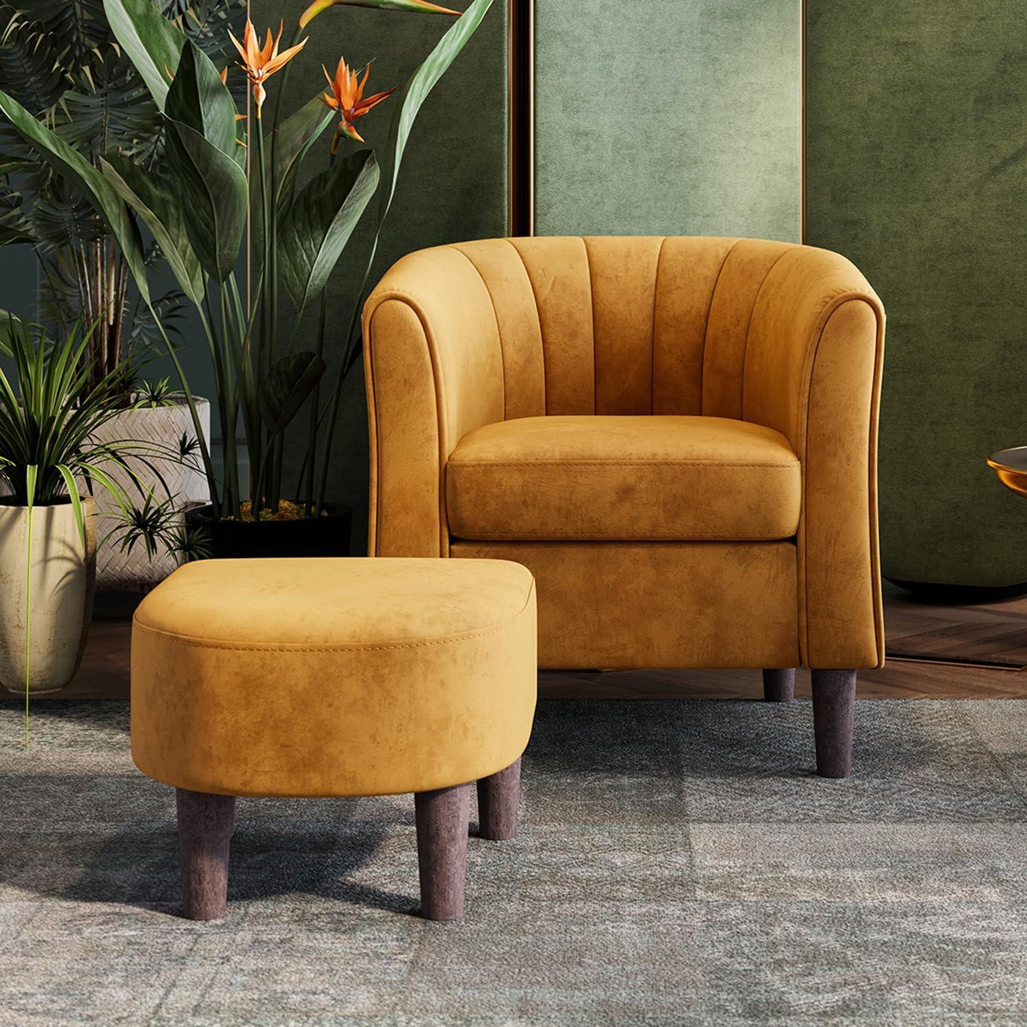 Yellow Velvet Barrel Accent Chair with Ottoman