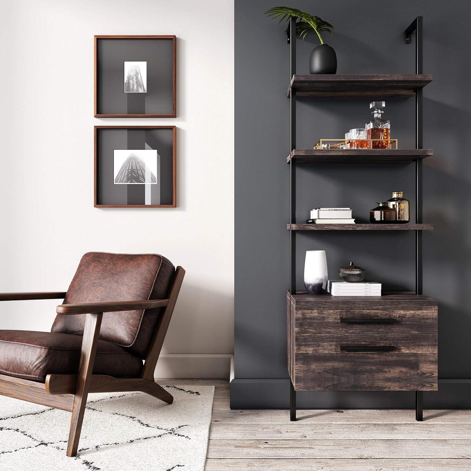 Nutmeg & Black Wood Ladder Bookshelf with Easy-Glide Drawers