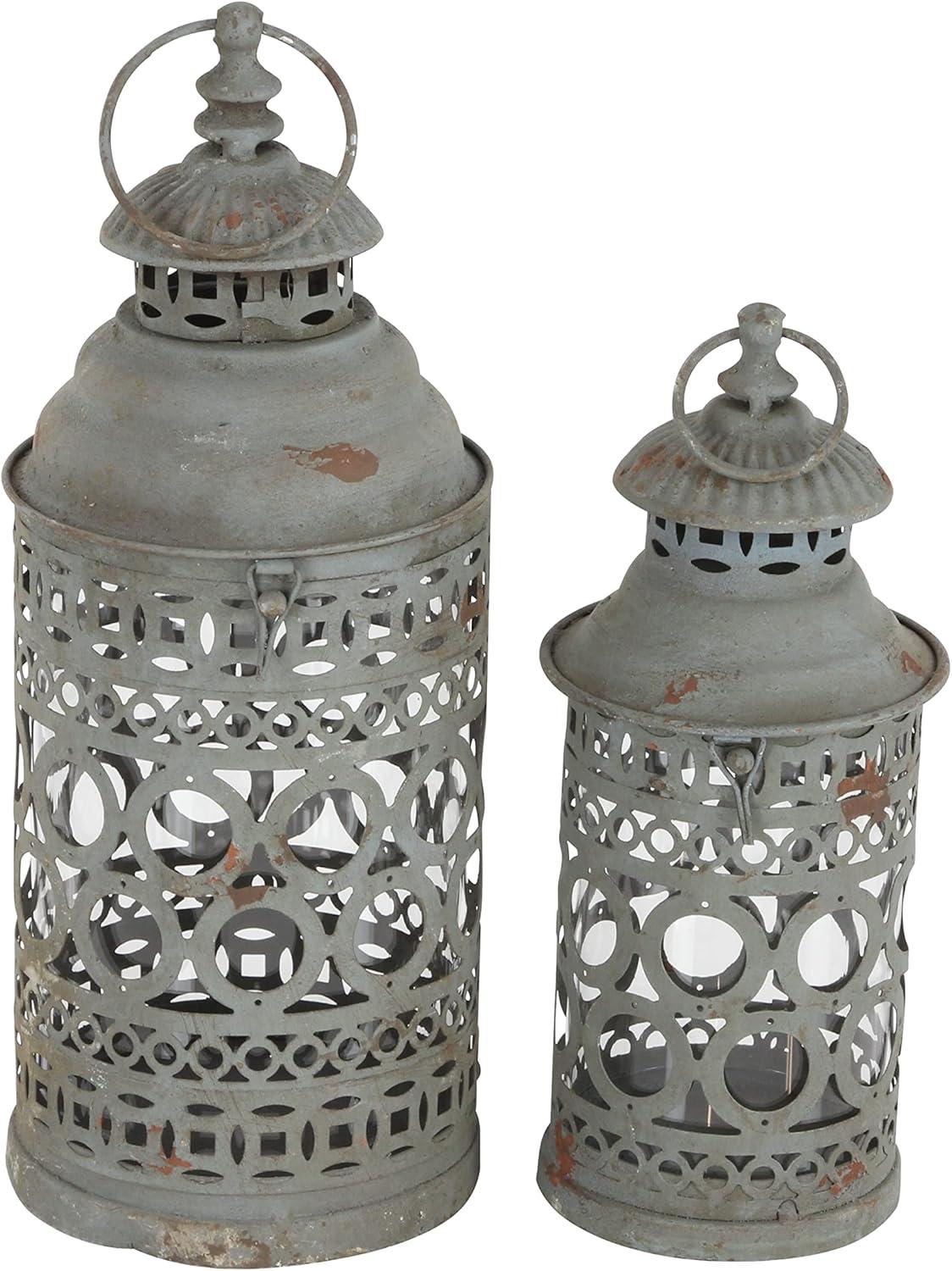 Rustic Gray Iron Candle Lantern Set with Intricate Cutouts