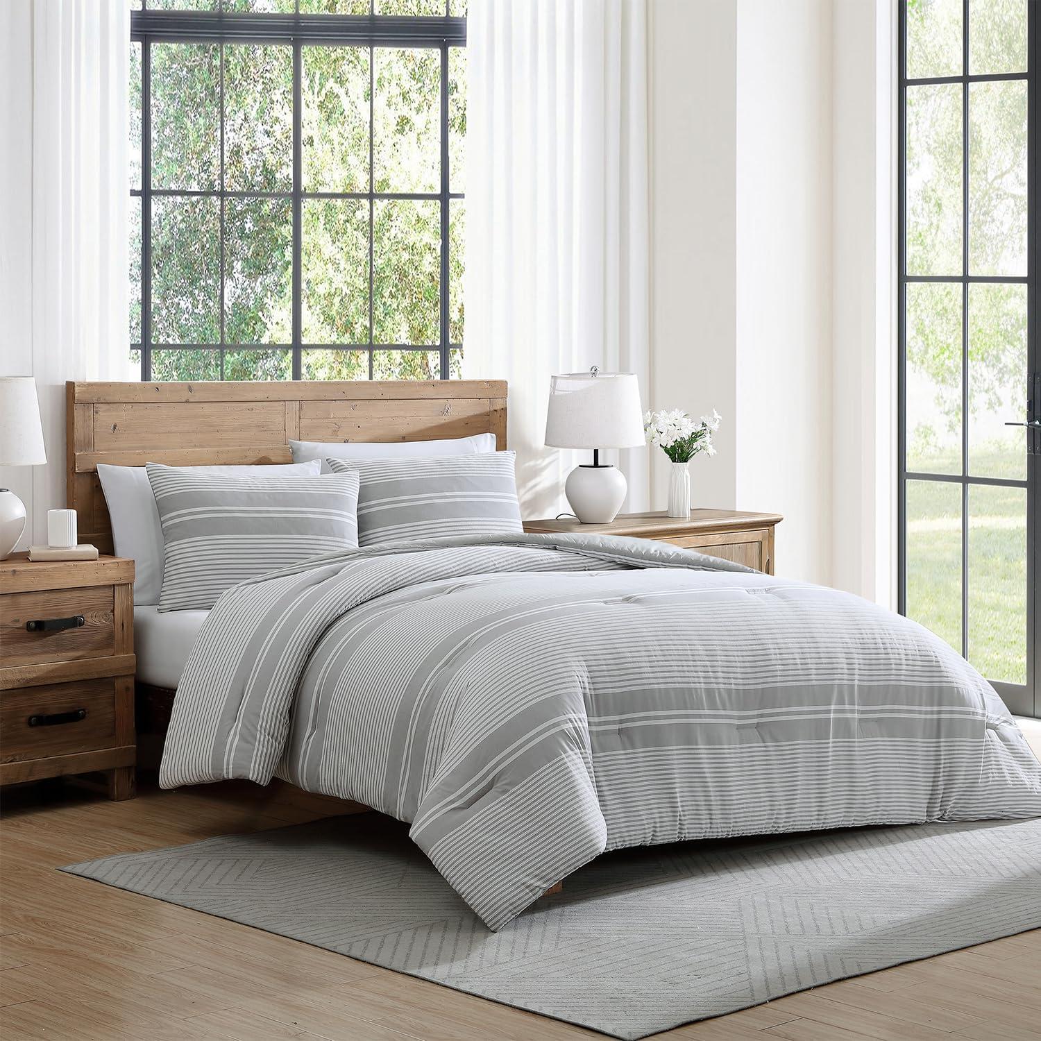 Tahari Gwen 3-Piece White/Grey Waffle Stripe Cotton Comforter Set