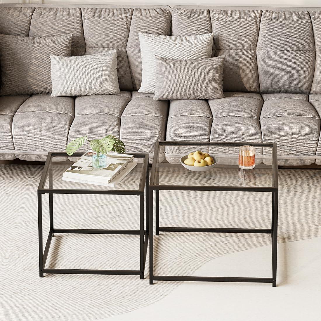 VILAWLENCE Coffee Table Set of 2, Modern Black Patterned Glass Side Table, Metal Frame Square End Table, Center Tables Nesting Coffee Table for Living Room,Bedroom and Small Spaces