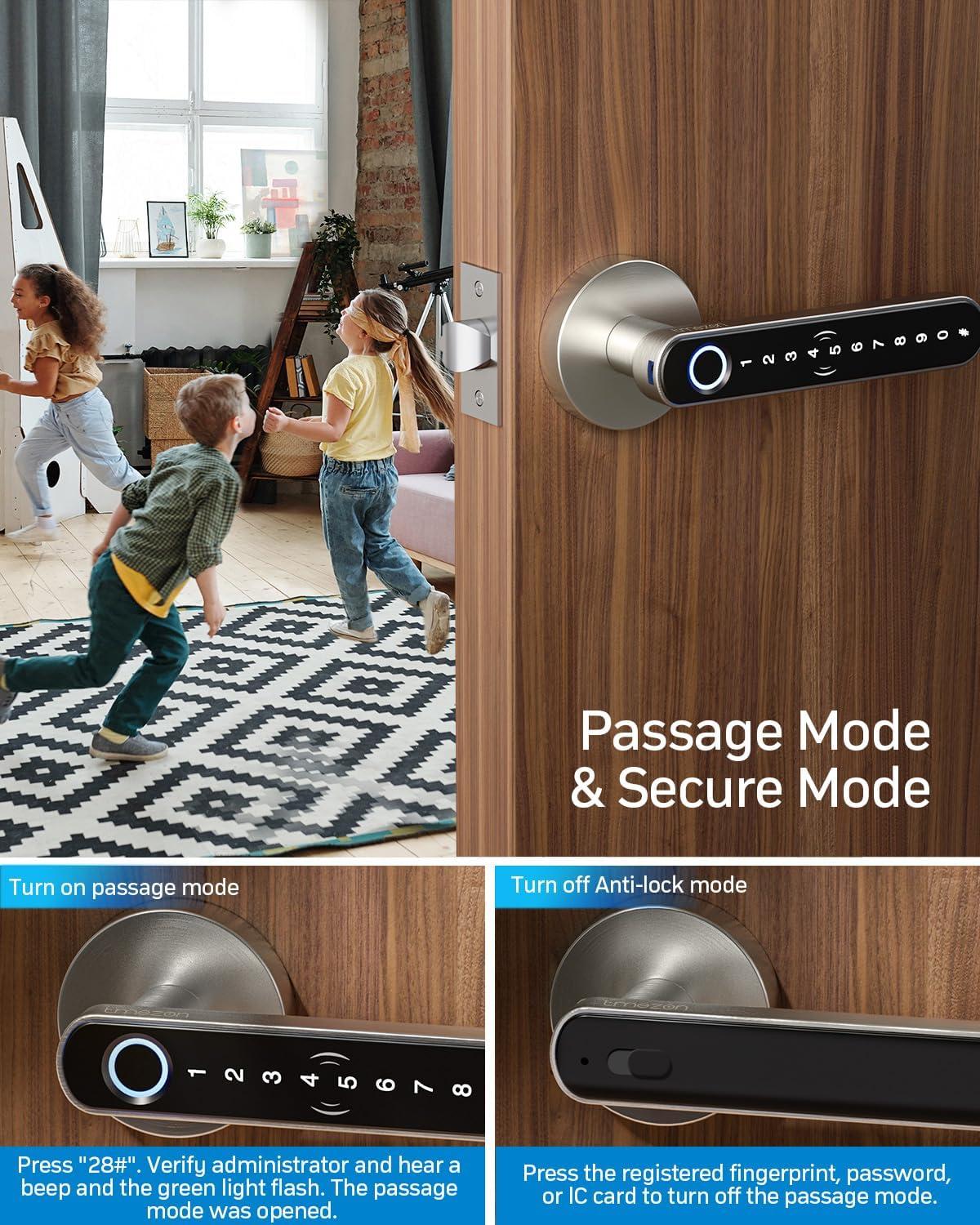 Smart Door Lock Fingerprint, Keyless Entry Door Lock With Handle, APP/IC Cards/Codes/Keys/Fingerprints Biometric Electronic Keyless Entry Lock For Bedroom Home Hotel Office