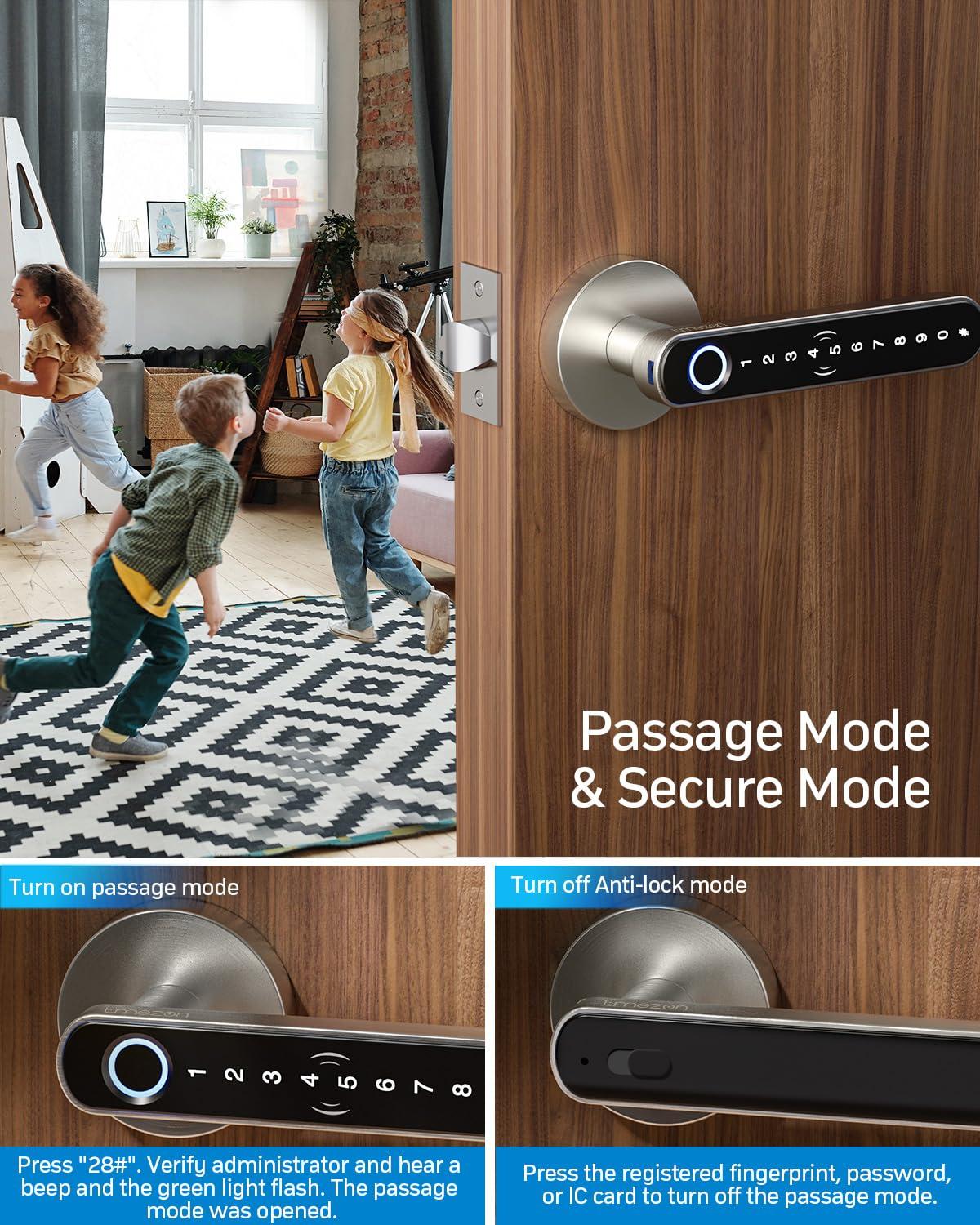 Smart Door Lock Fingerprint, Keyless Entry Door Lock With Handle, APP/IC Cards/Codes/Keys/Fingerprints Biometric Electronic Keyless Entry Lock For Bedroom Home Hotel Office