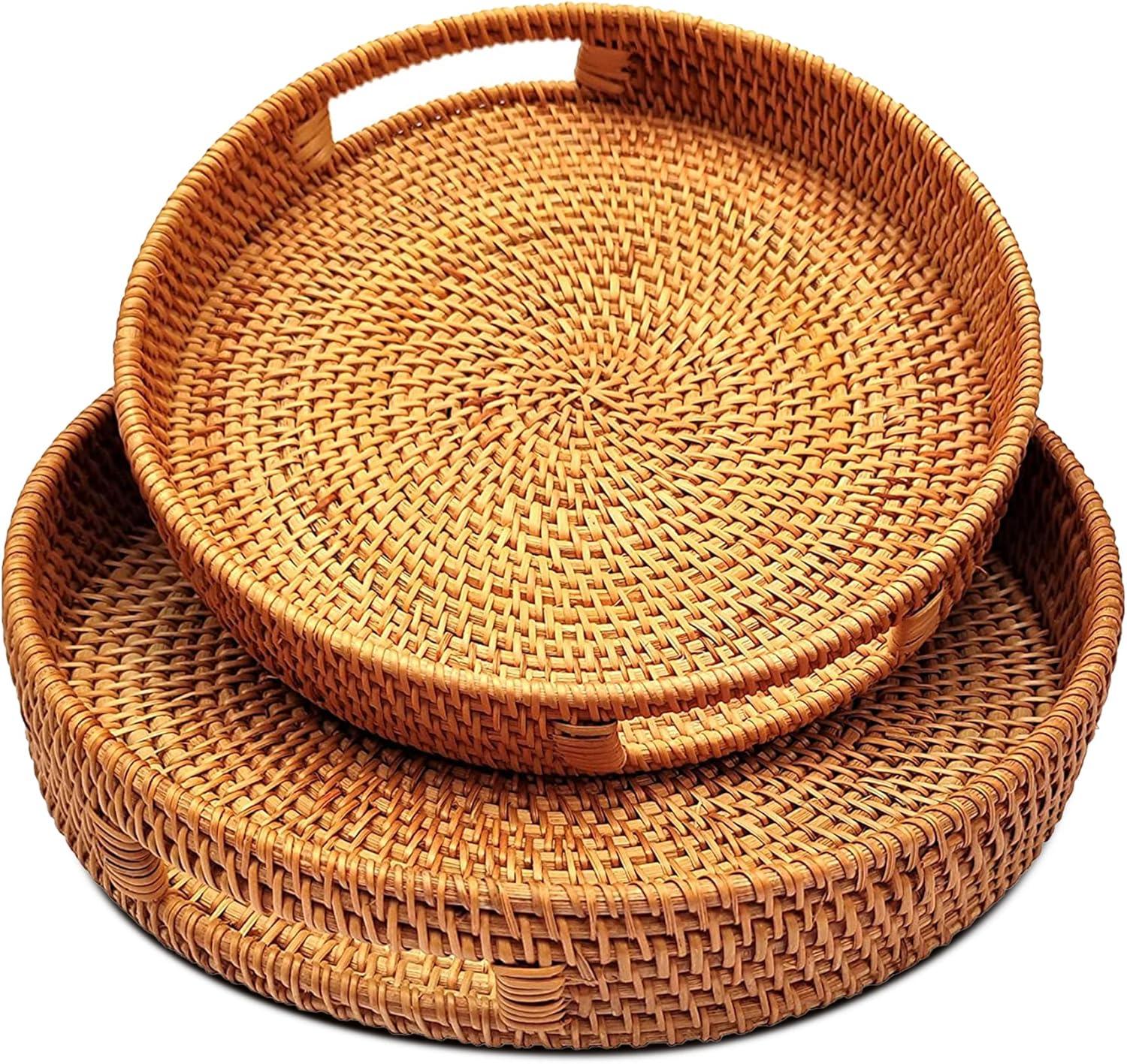 POWKOL Hand-Woven Round Rattan Serving Tray Decorative Ottoman Wicker Platter with Handles for Coffee Table, Breakfast, Drinks, Snack, Bread, Fruit, Vegetables (Set of 2: S+M)