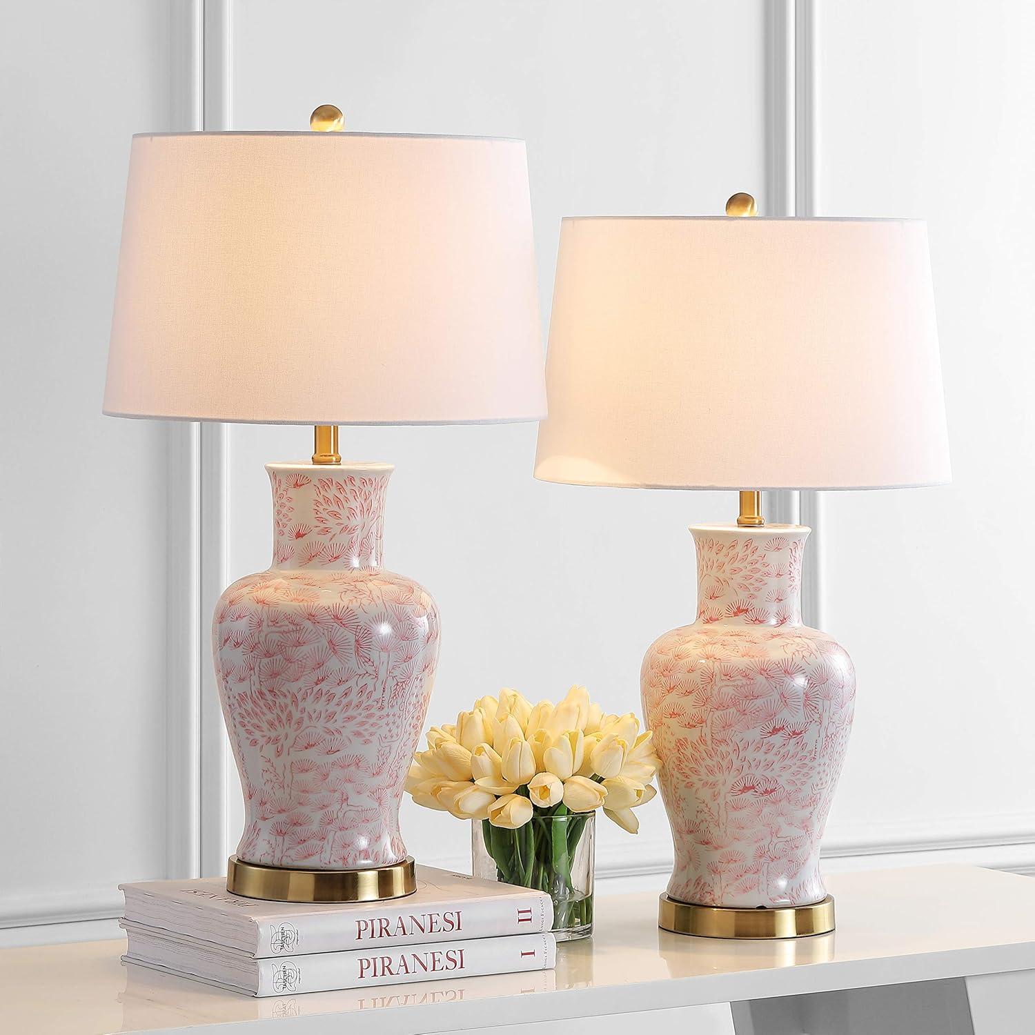 Calli Pink and White Ceramic Table Lamp Set with Brass Base