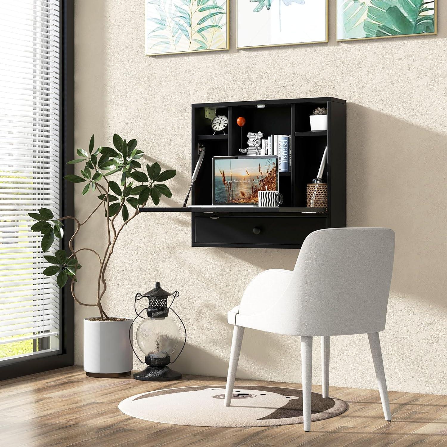 Tangkula Folding Wall Table - Floating Desk with Storage Drawer & Shelves (White)