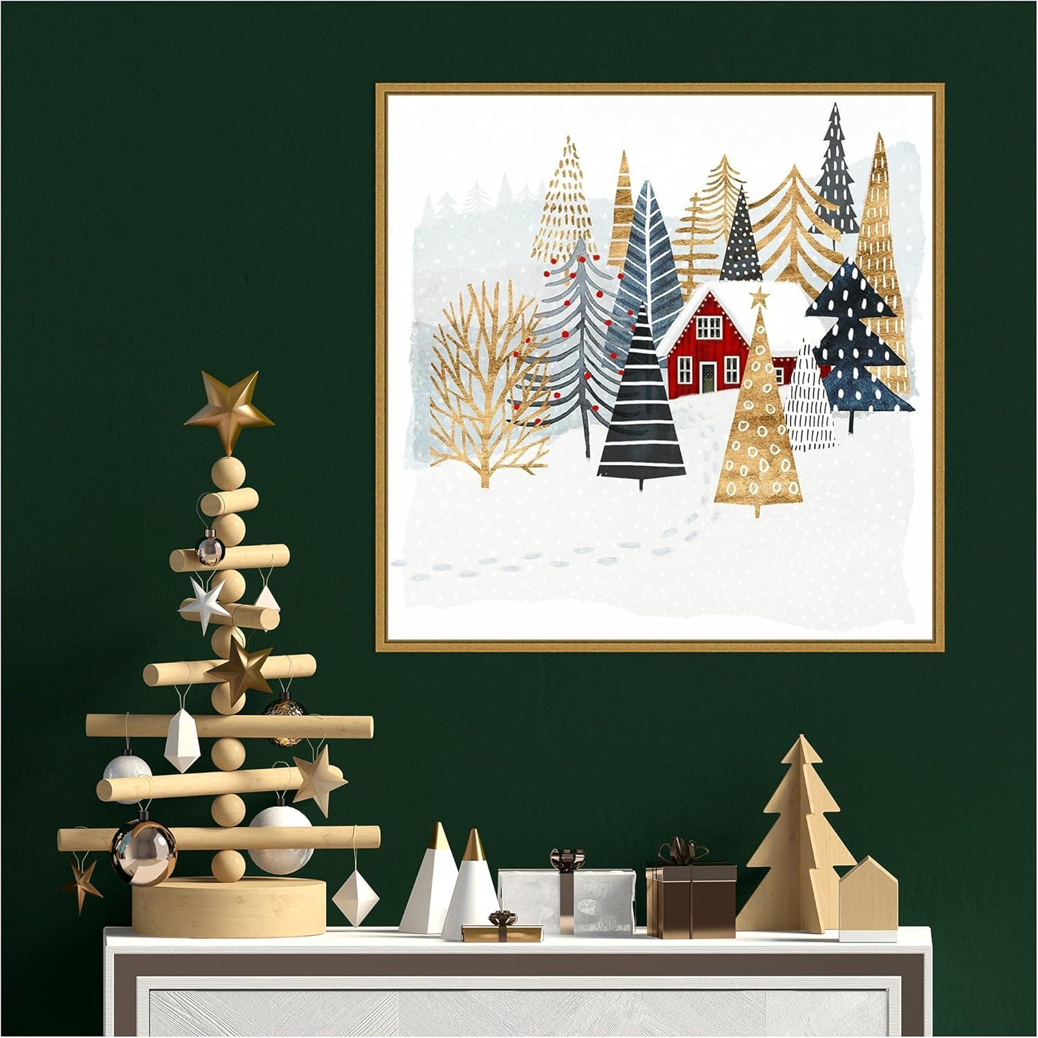 22" x 22" Christmas Chalet I Tree Framed Wall Canvas - Amanti Art