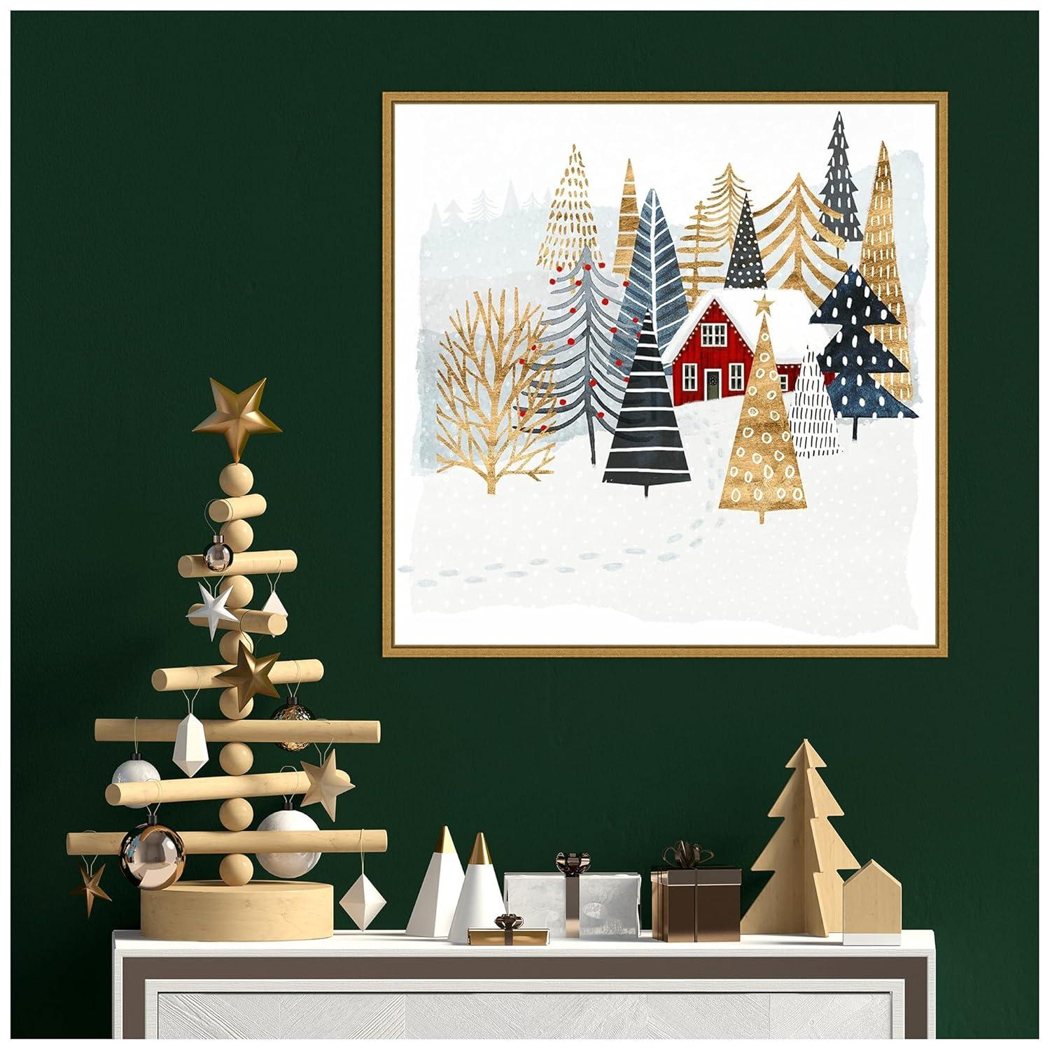 22" x 22" Christmas Chalet I Tree Framed Wall Canvas - Amanti Art