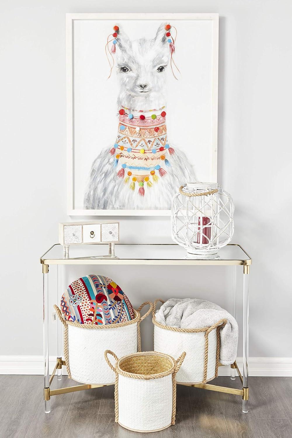 Decmode Large Round Woven Rattan White Lantern with Burlap Jute Rope Handle and Glass Insert, 15” x 15”