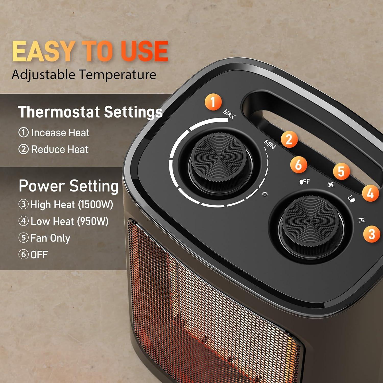 Compact Black Ceramic Electric Heater with Thermostat