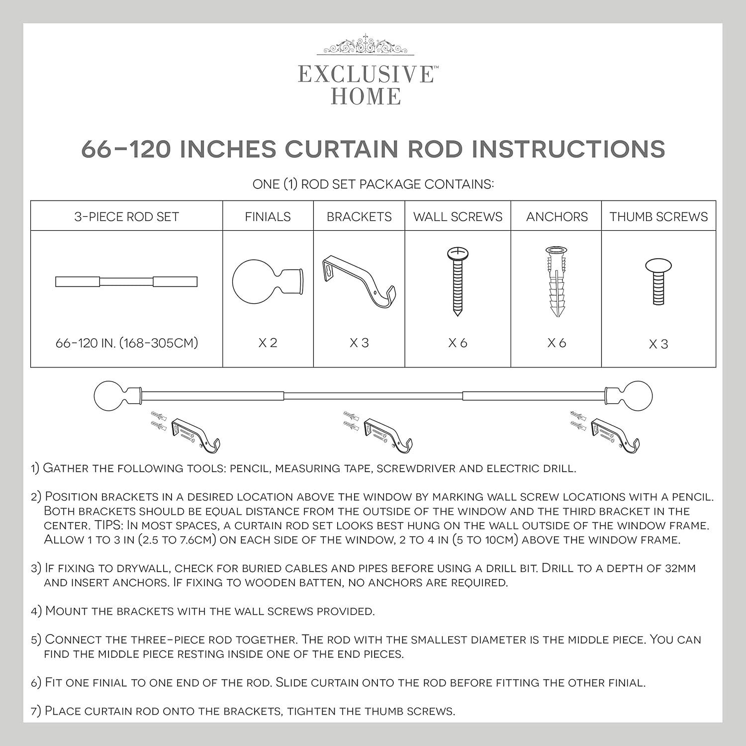 Gold Adjustable Curtain Rod with Square Finials, 66"-120"