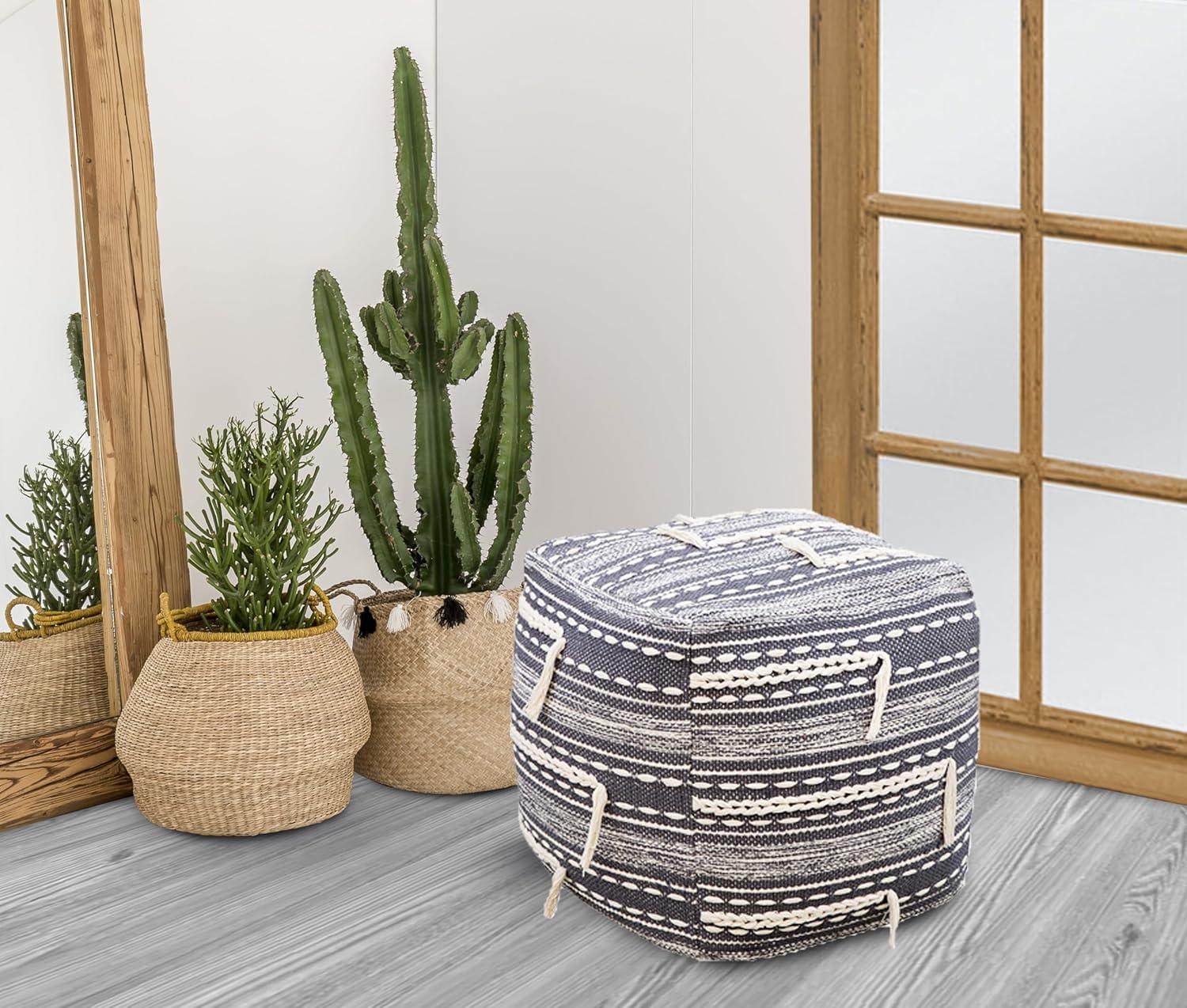 Tassel-Trimmed Two-Tone Grey Woven Cotton Square Pouf