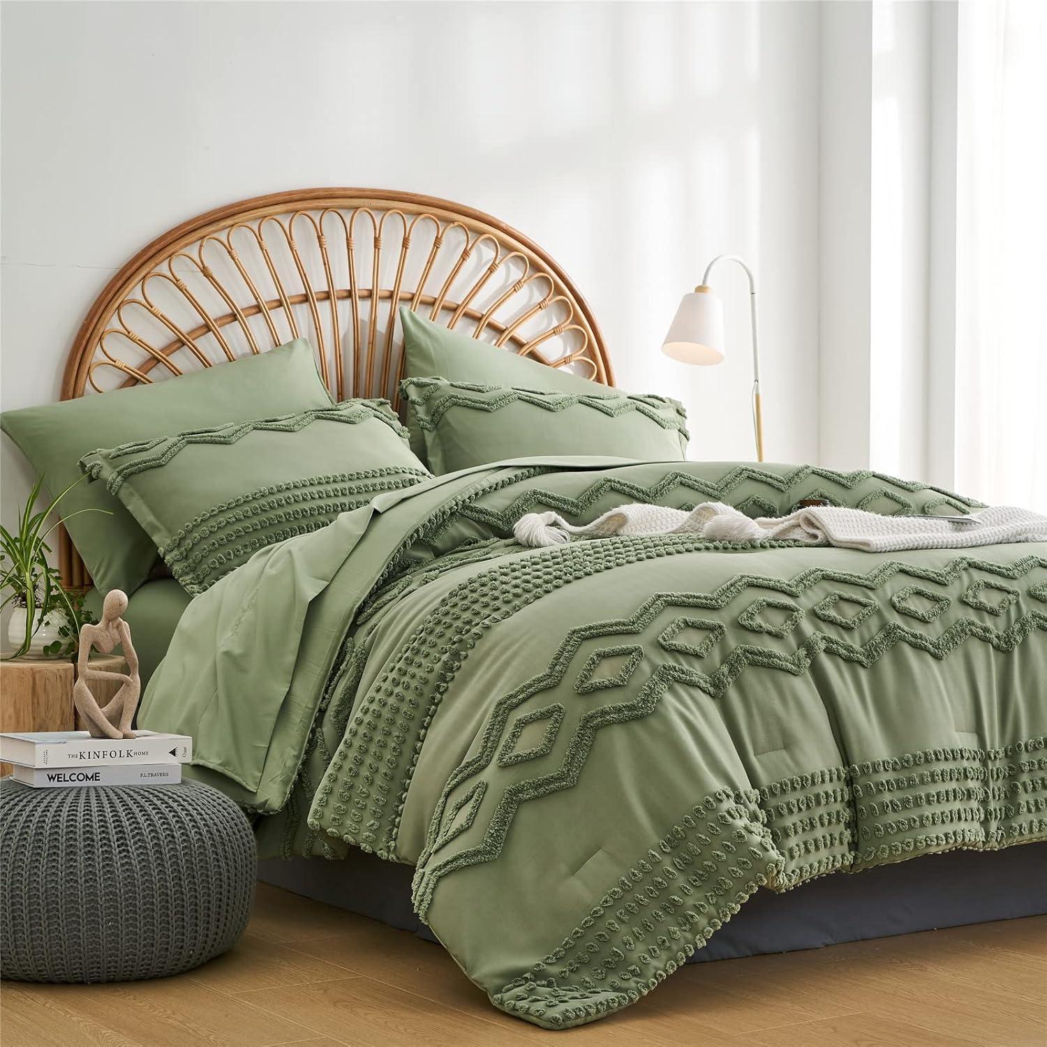 Sage Green Microfiber King Boho Comforter Set with Pom-Pom Accents