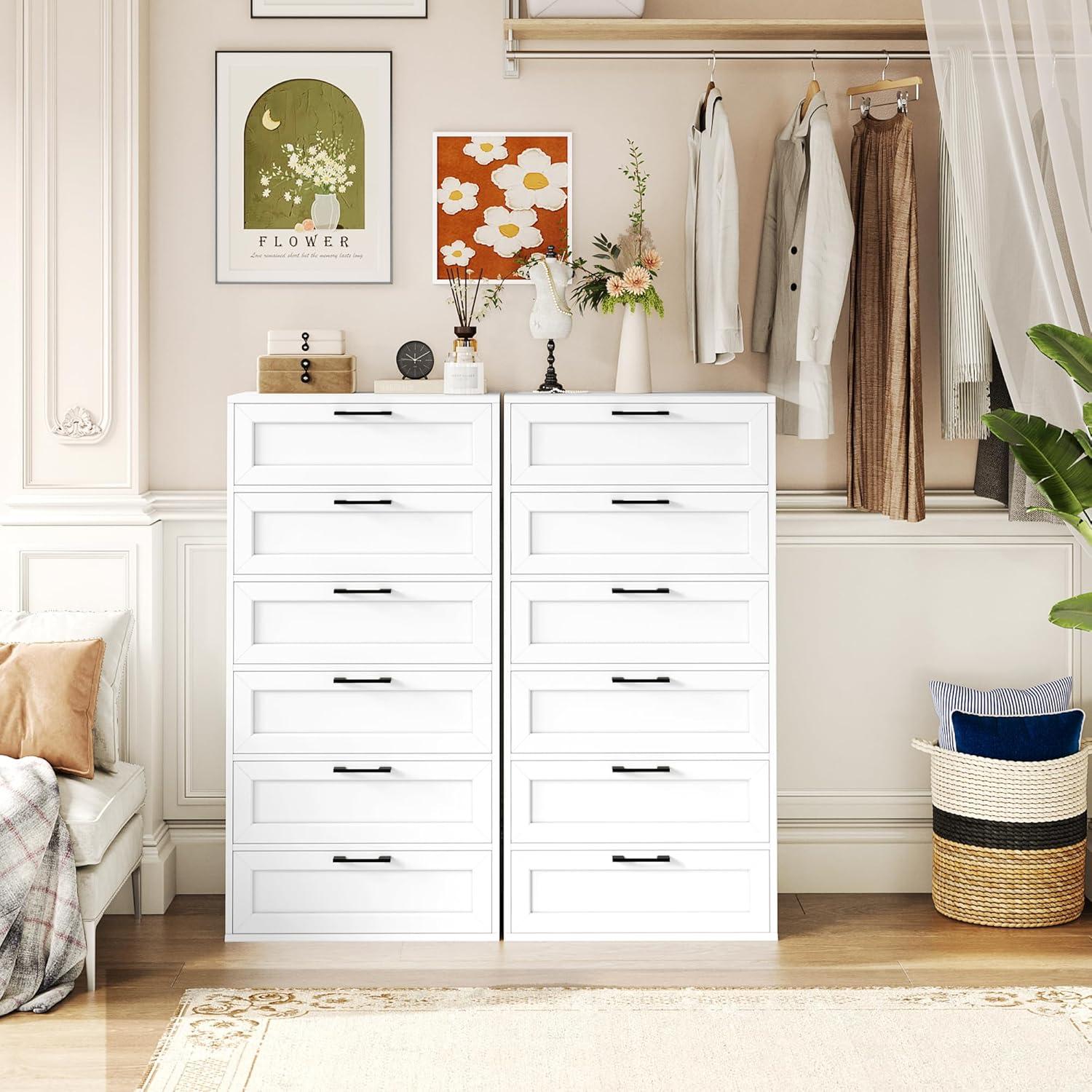 White Tall 6-Drawer Wood Dresser with Black Handles