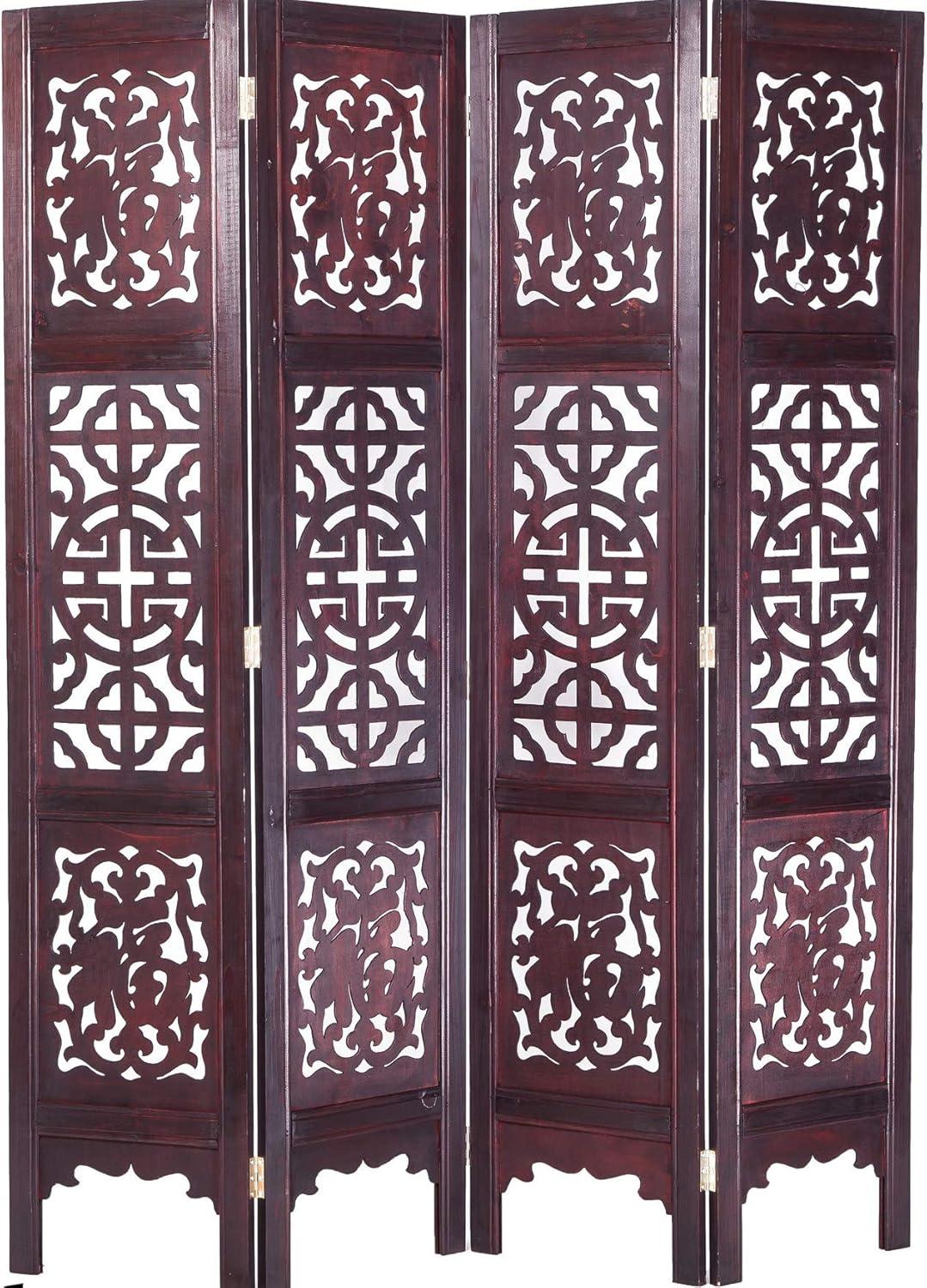 Mahogany Teak 4-Panel Folding Oriental Room Divider