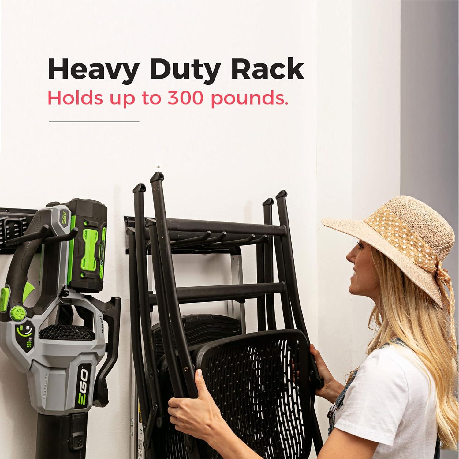 Garage Tool Organizer Wall Mount - Sturdy Storage Rack with Adjustable Hooks, Stud Spacing Compliance - 300lbs Capacity - Garden Tool Organizer for Garage with 3 Rails and 6 Hooks