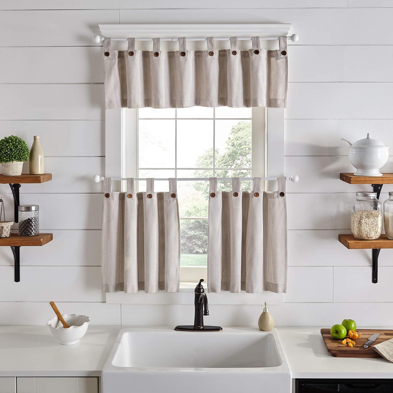 Elrene Tucker Ticking Stripe Button Tab Top Window Kitchen Valance - Elrene Home Fashions