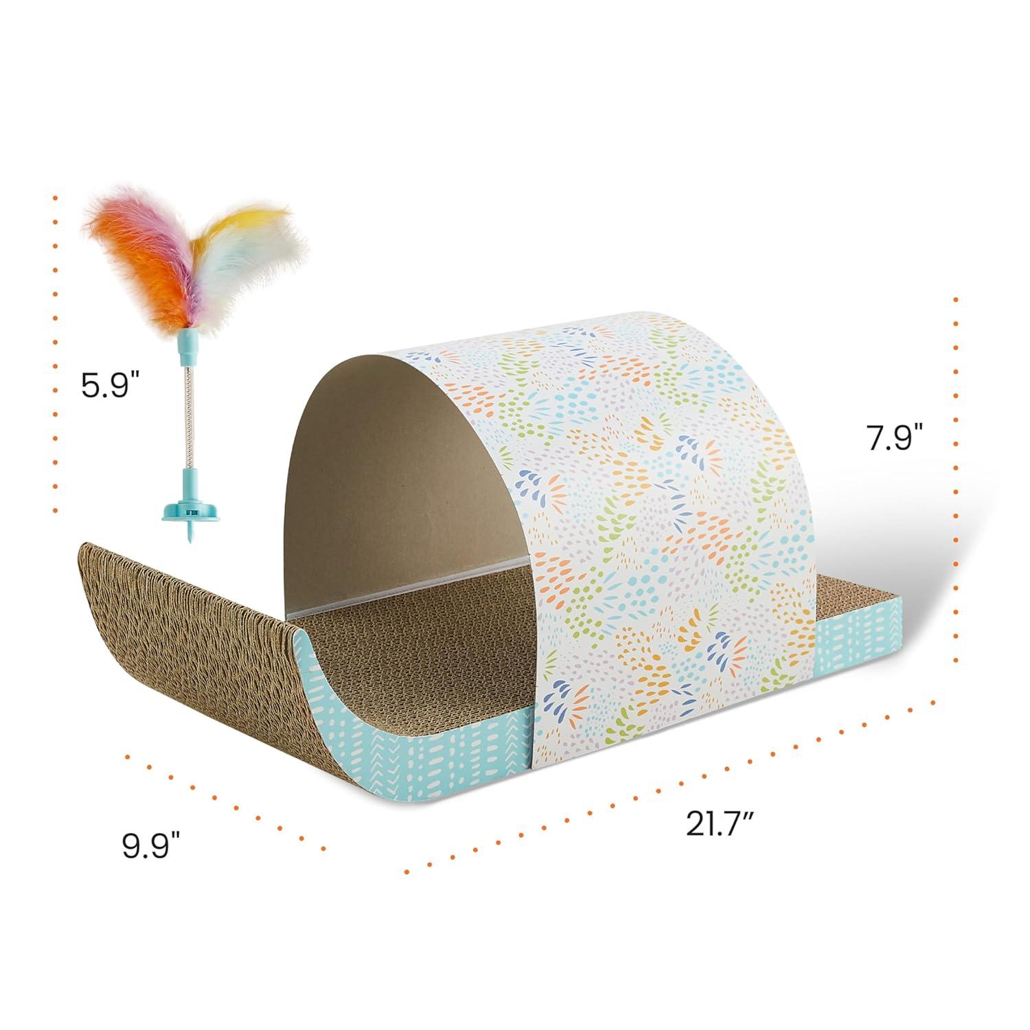 Catstages Cat Tunnel Scratcher with Feather Spring Toy and Removable Tunnel, Corrugated Scratching Pad for Rest, Play, & Nail Trimming, Multicolored