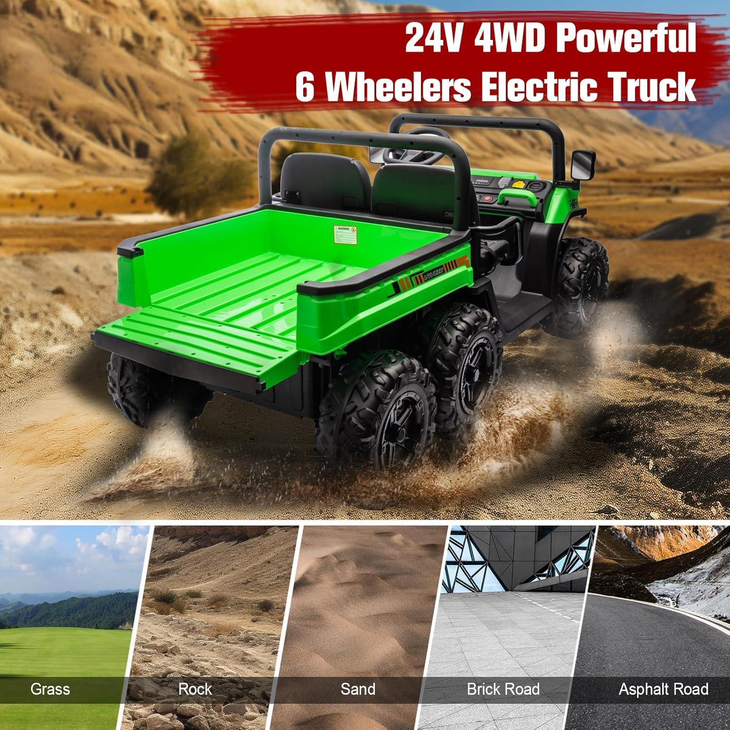 24V Ride on Toys with Remote Control, 2 Seater Electric Powered Ride on Dump Truck , 4WD 6-Wheel UTV Car w/ Tipping Bucket Trailer, Shovel, Suspension, Bluetooth Music, Big Kids, Green