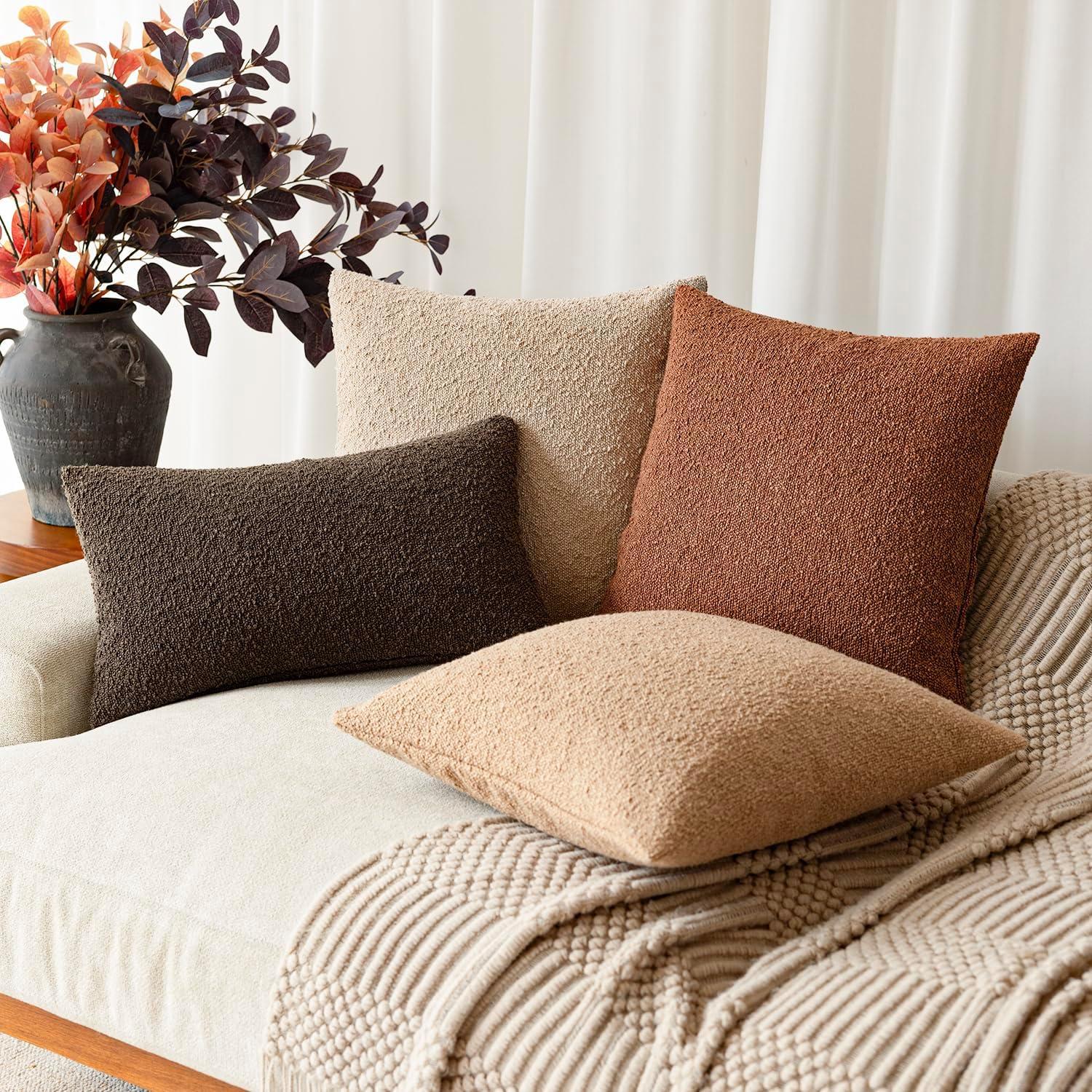 Boucle Decorative Throw Pillow Covers for Couch Set of 2, 18x18 inches, Beige