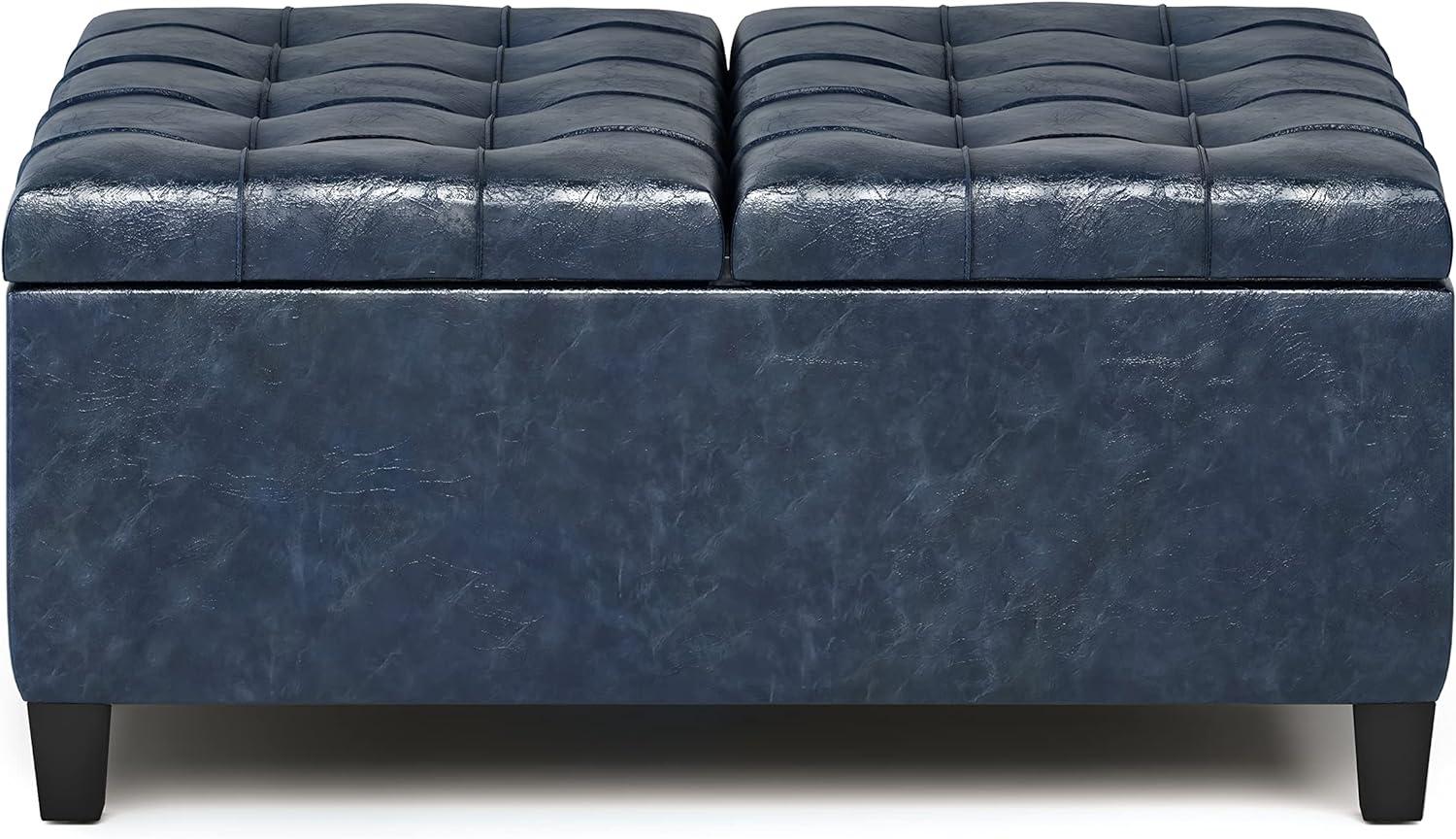 Simpli Home Harrison 36"W Upholstered Square Coffee Table Storage Ottoman with Split Lift Top